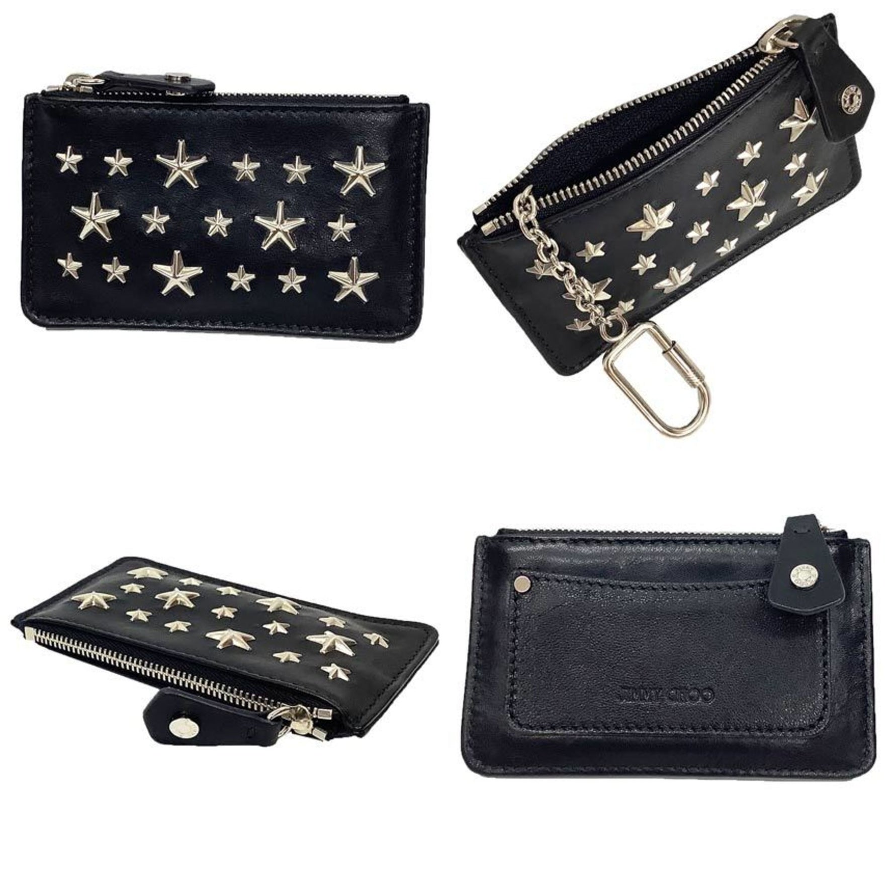 JIMMY CHOO NANCY silver star stud leather key case in black. Coin and wallet women. Unisex.