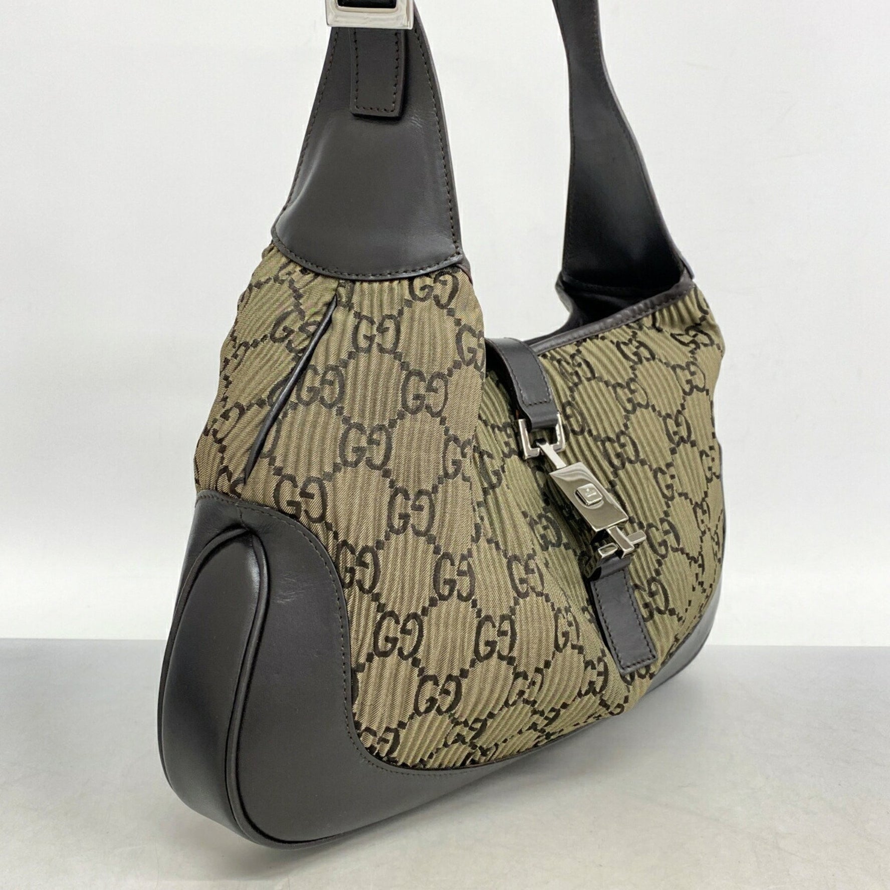 Gucci Jackie 001 3306 Shoulder Bag in Nylon Canvas Khaki and Dark Brown, Women's, P1132310