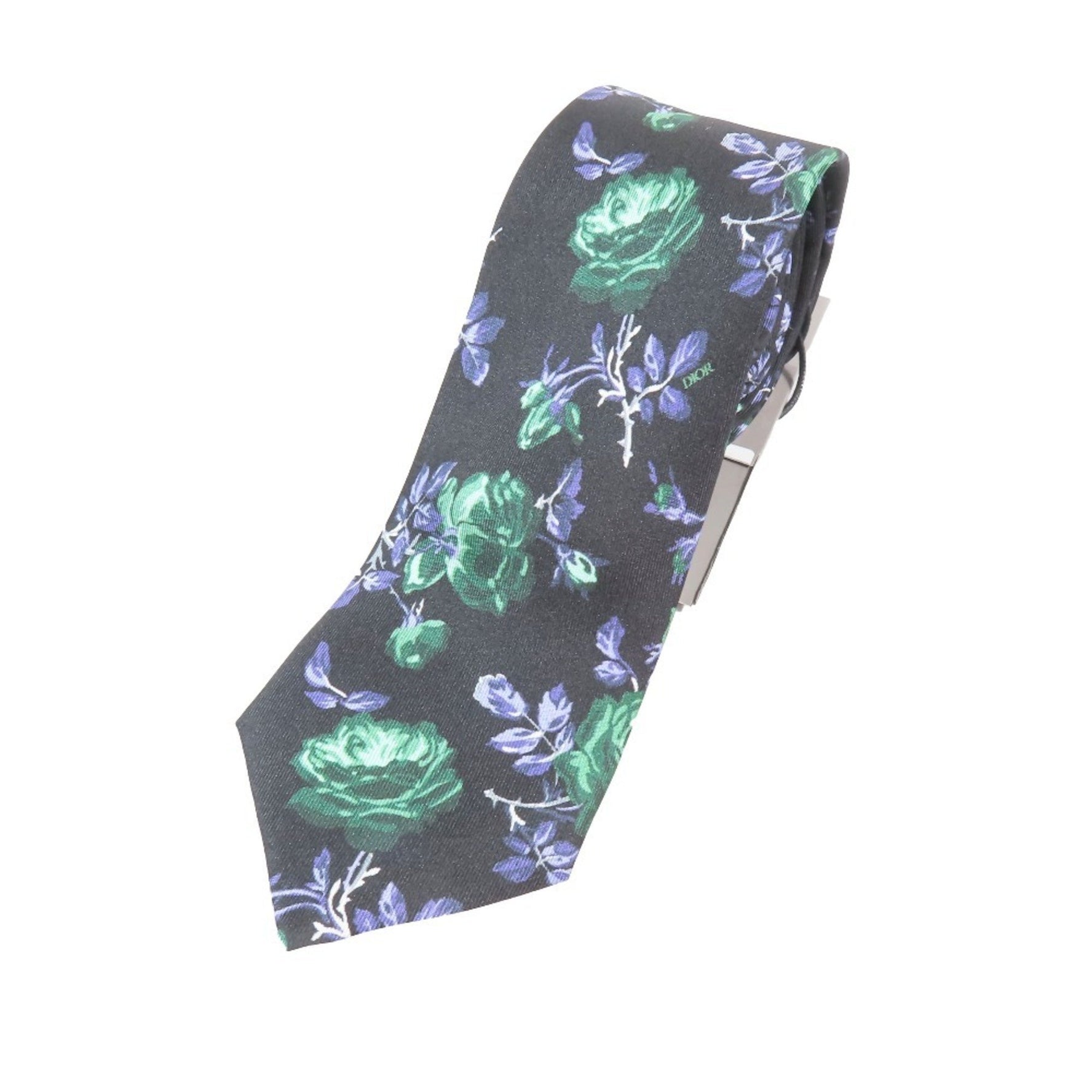 Christian Dior DIOR Jardin Narrow Tie Rose Logo Floral All-over Pattern Silk Black Blue Green Men's