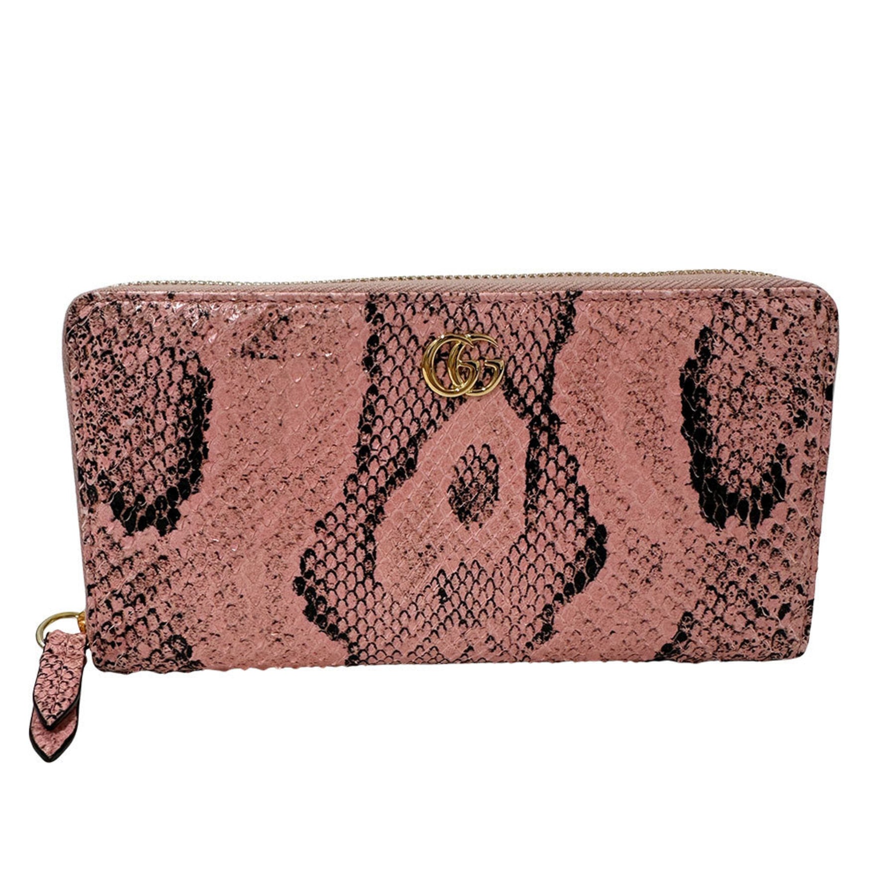 Gucci Petit Marmont Long Wallet, Patent Leather, Pink and Black, Zip-Around, Python Snake Skin