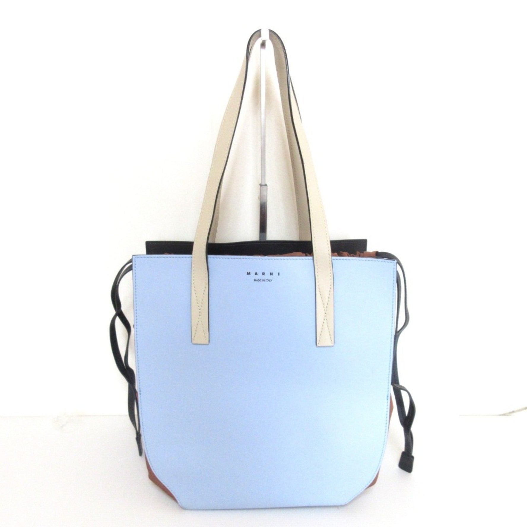MARNI GUSSET Leather Drawstring Tote Bag One Shoulder Light Blue x Brown Women's