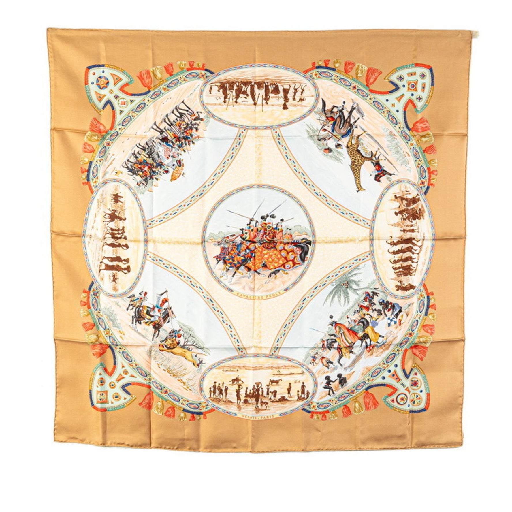Hermes Carre 90 CAVALIERS PEULS Pool tribe riders scarf muffler brown multicolor silk women's HERMES