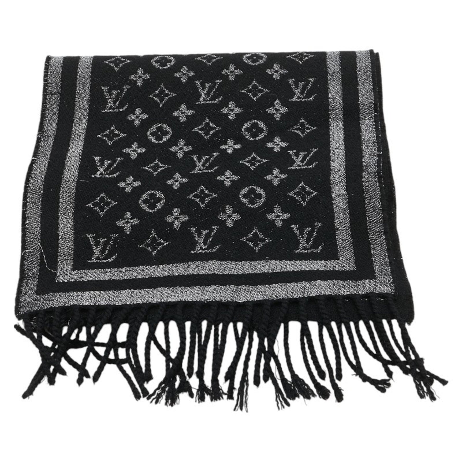 Louis Vuitton Monogram Scarf Black Silver Wool Cashmere