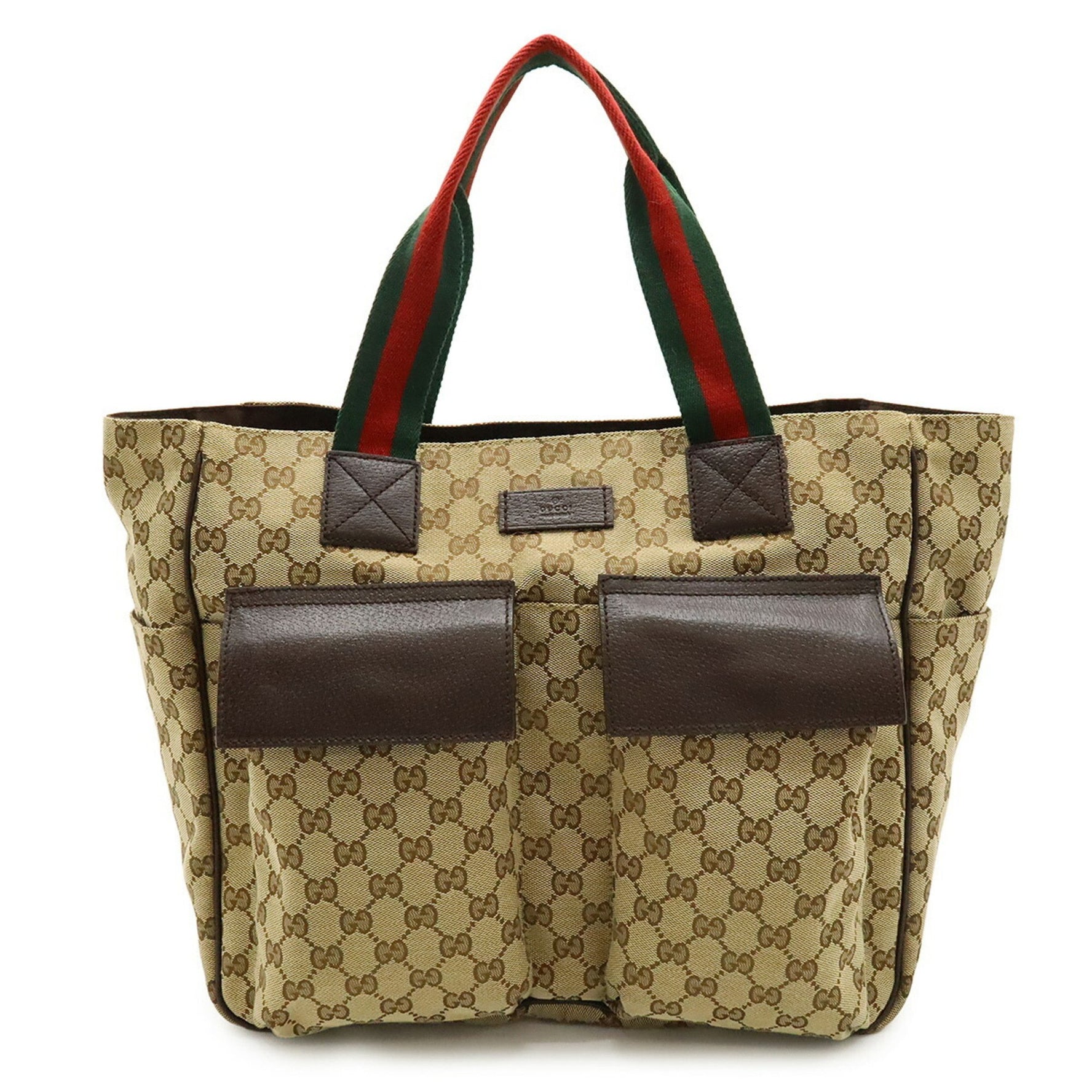 GUCCI GG Canvas Sherry Line Tote Bag, Large Shoulder Leather, Khaki Beige, Dark Brown