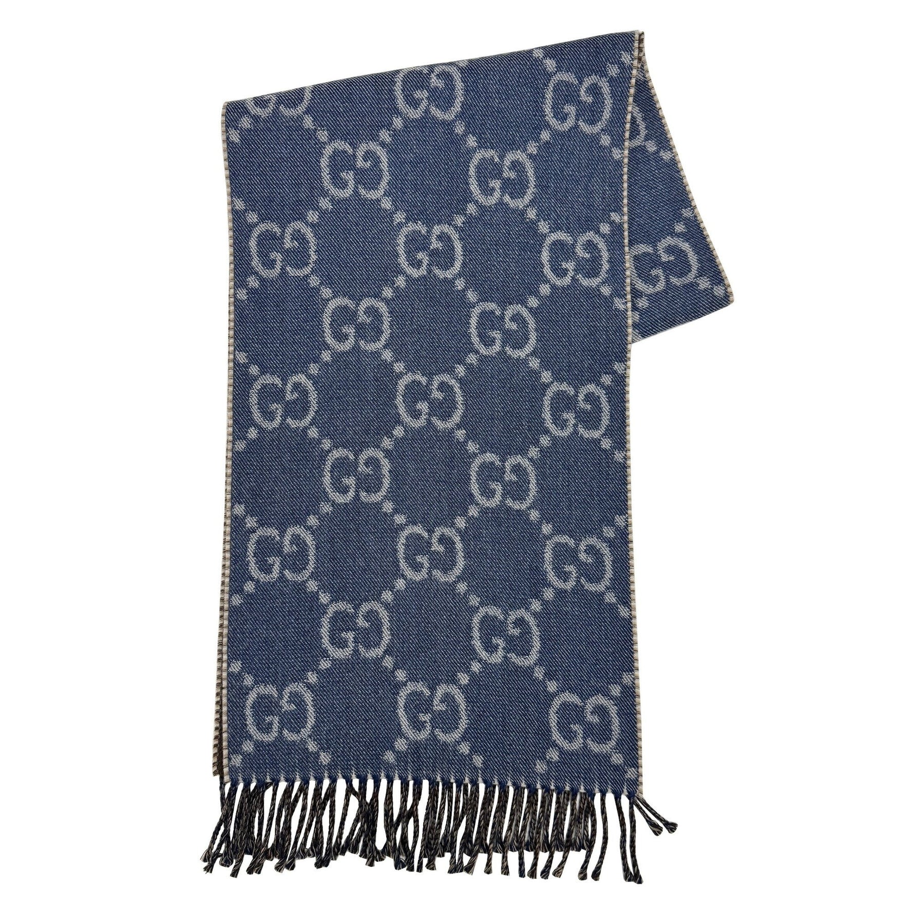GUCCI reversible GG pattern jacquard wool scarf in blue and brown for men women