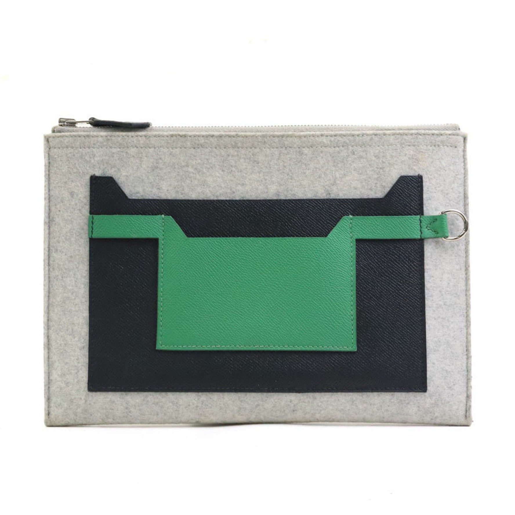 Hermes Hermès Toudeau clutch bag in felt and leather gray, black, green, silver.