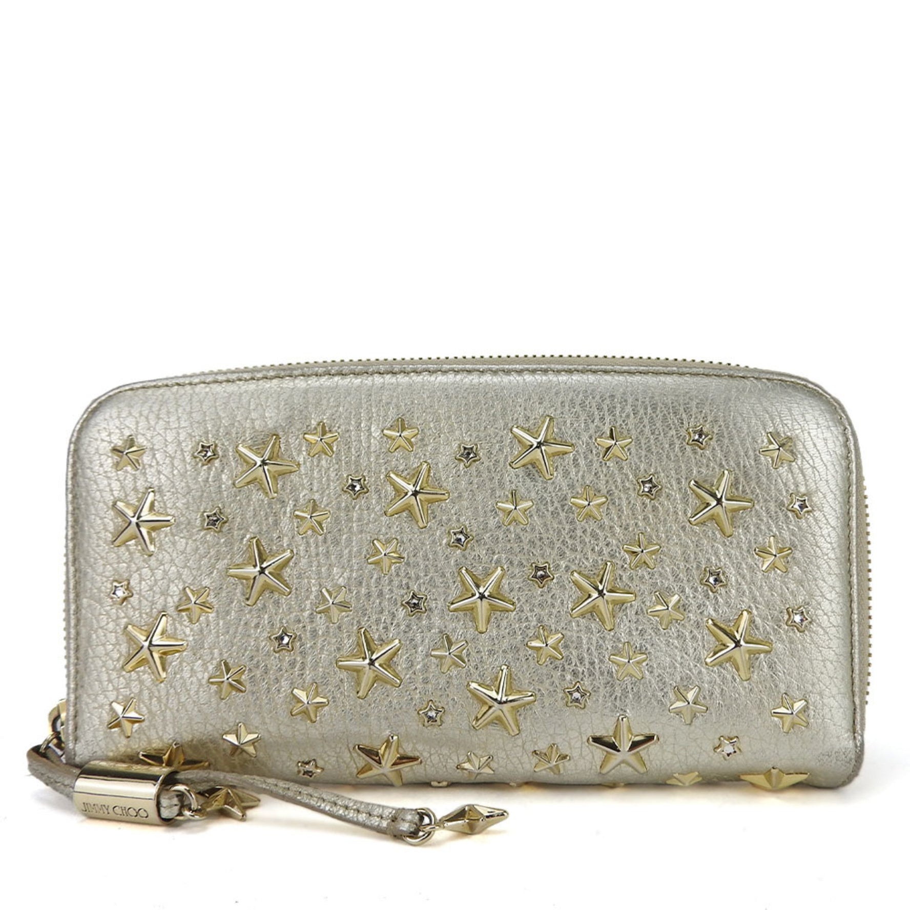 Jimmy Choo Long Wallet Leather Champagne Gold Star Studs Crystal Round Ladies