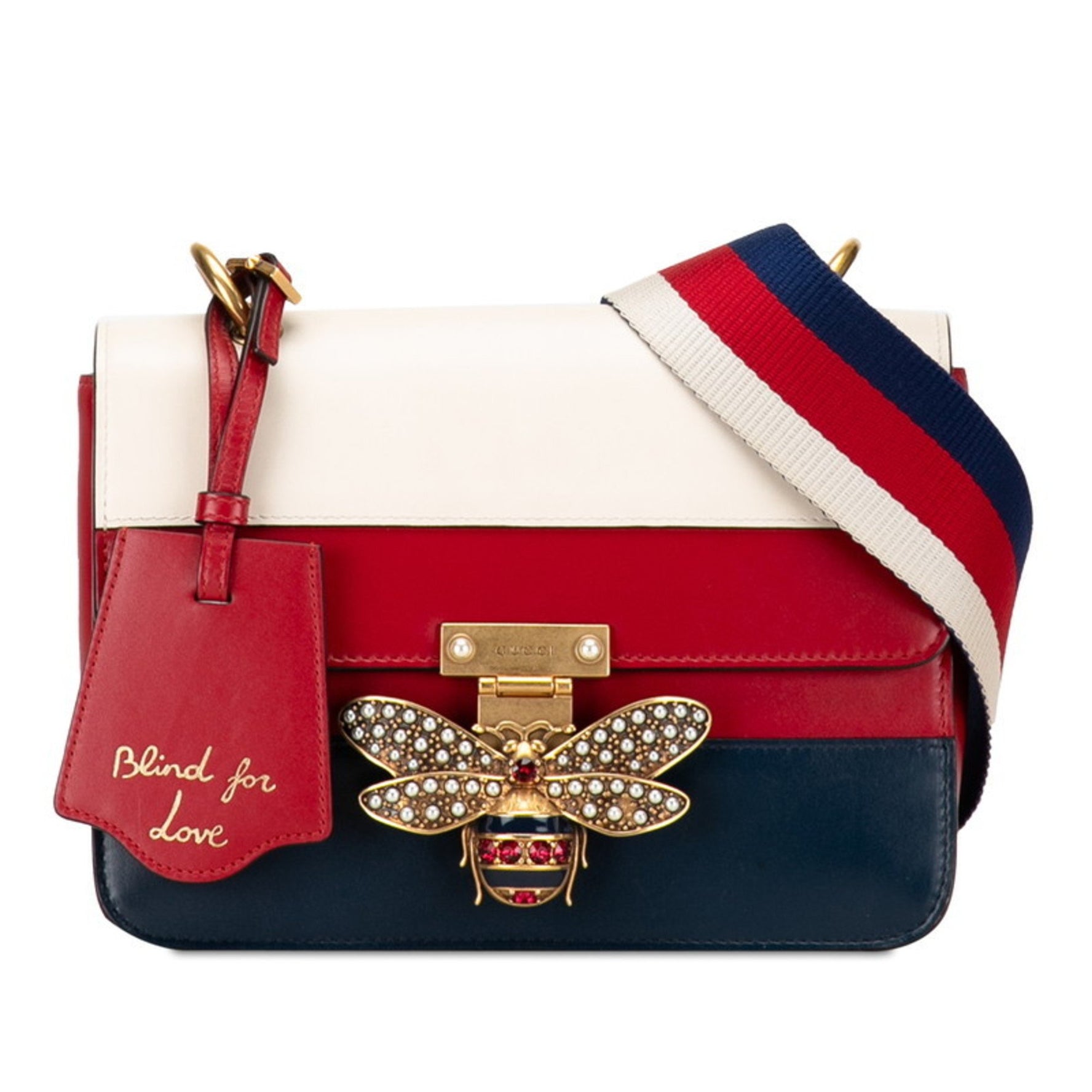 Gucci Queen Margaret Bee Tricolor Shoulder Bag White Red Navy Leather