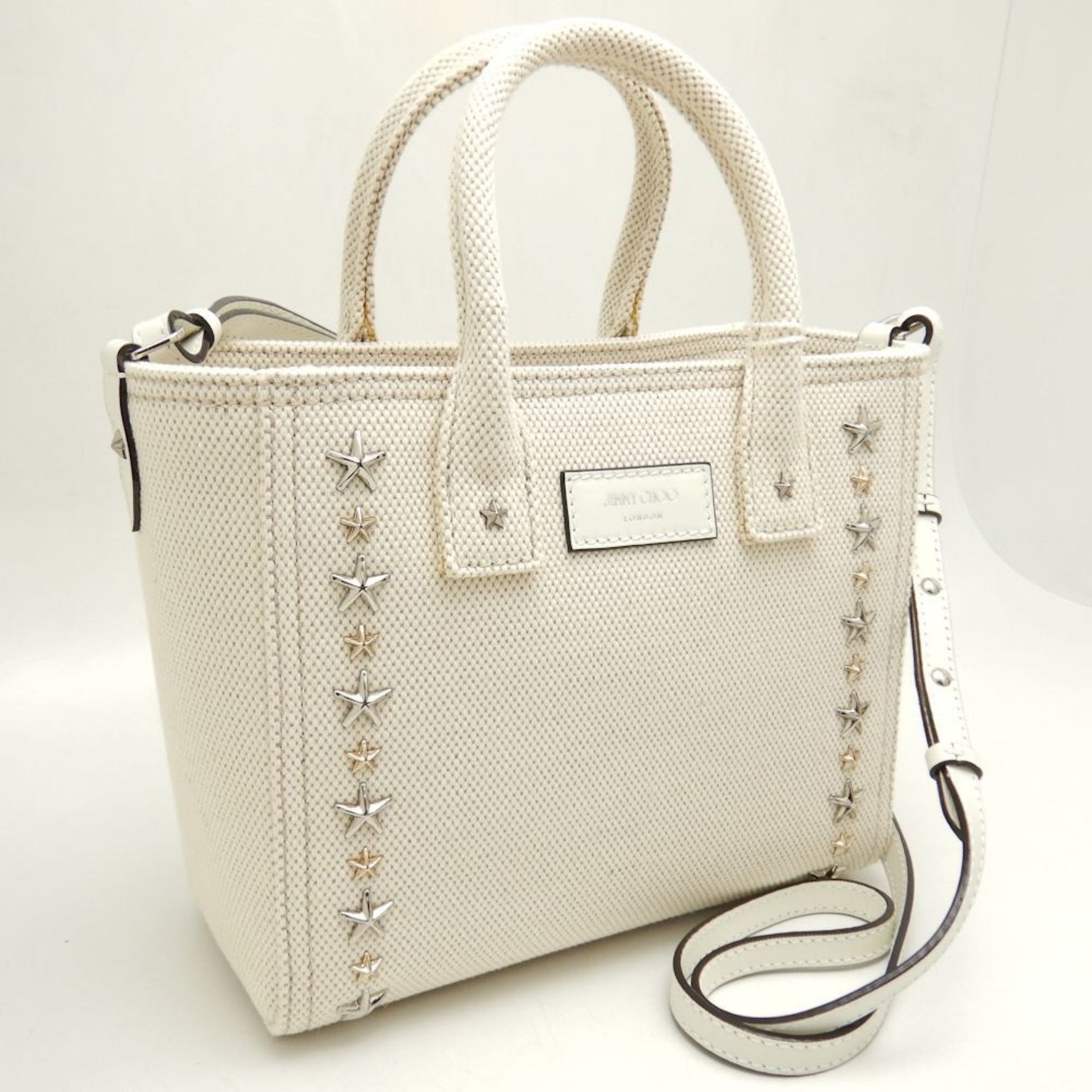 Jimmy Choo Pegasi S Handbag Star Studded Canvas x Leather NATURAL