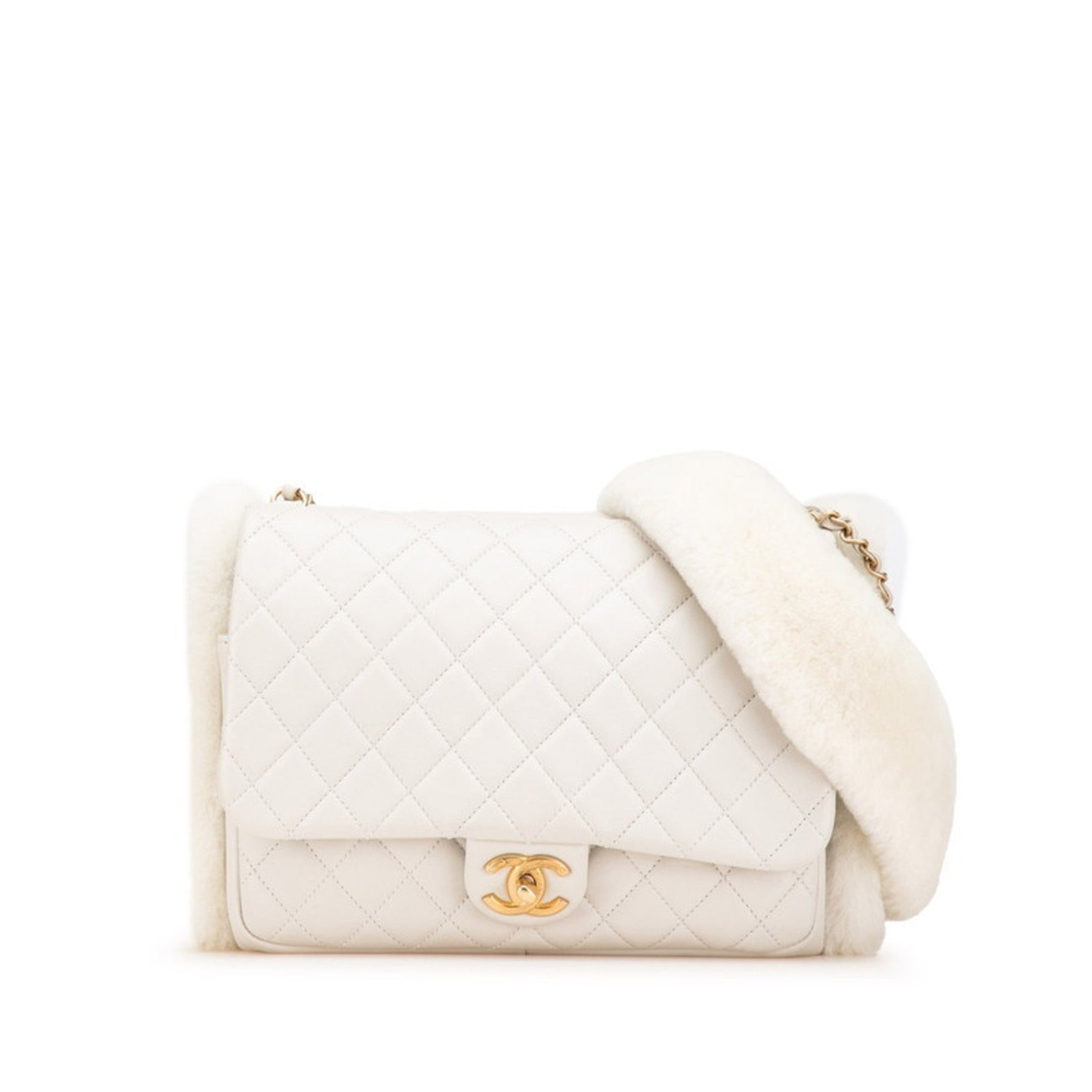 CHANEL Matelasse Coco Mark Hand Warmer Chain Shoulder Bag in with Gold Hardware, Lambskin and Fur