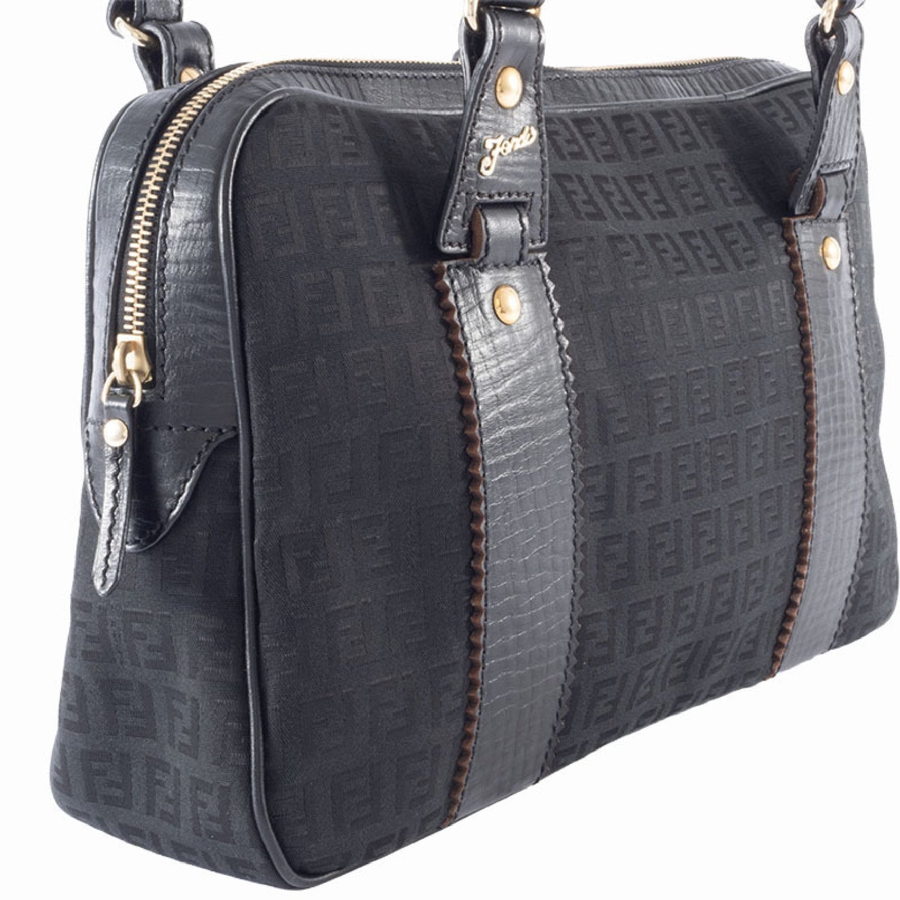 FENDI Zucca Canvas Handbag 8BN161 Leather Black Women's Boston Zucchino