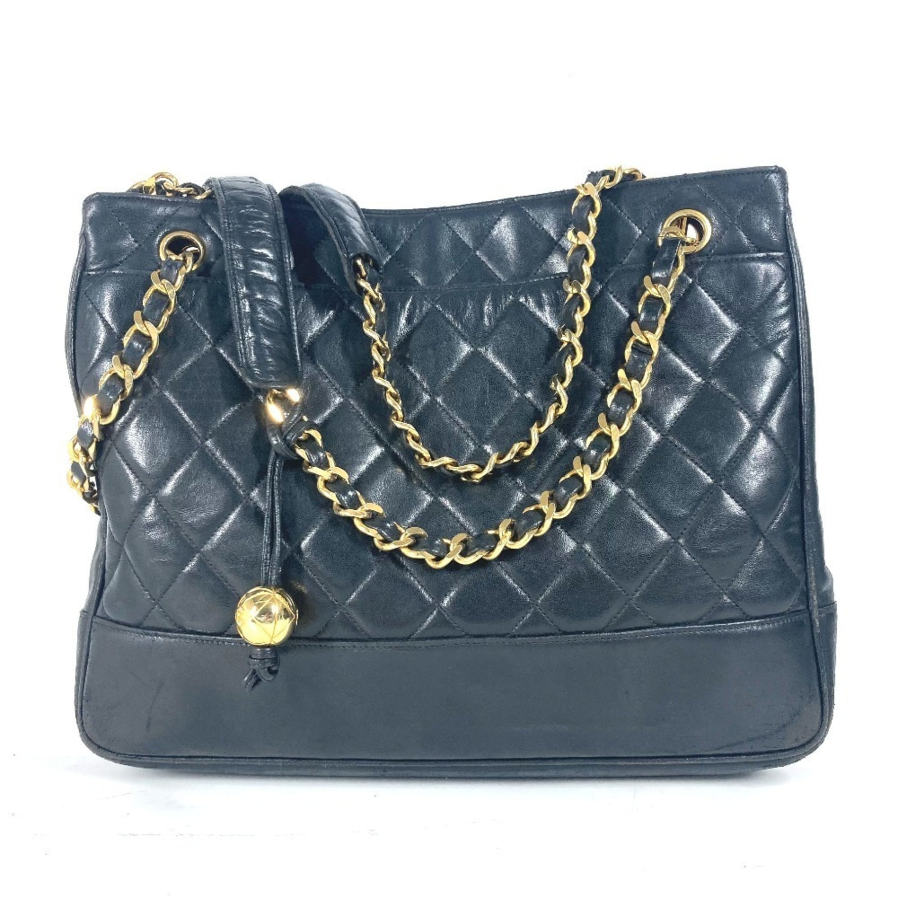 CHANEL Vintage Matelasse Quilted CC Coco Mark Logo Ball Shoulder Tote Bag Chain Lambskin Black