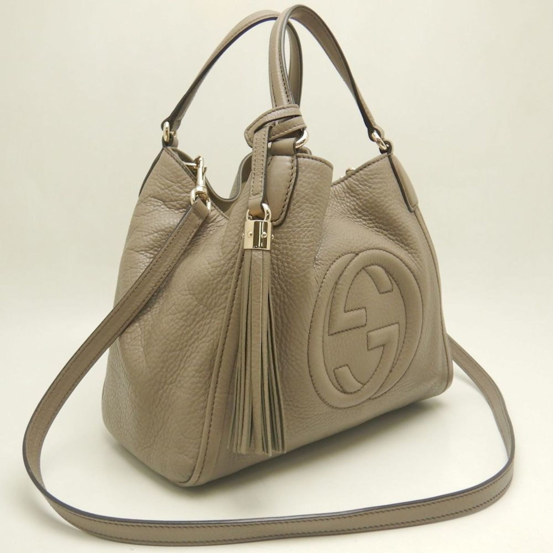 GUCCI Soho Handbag in Greige Leather, Women's,