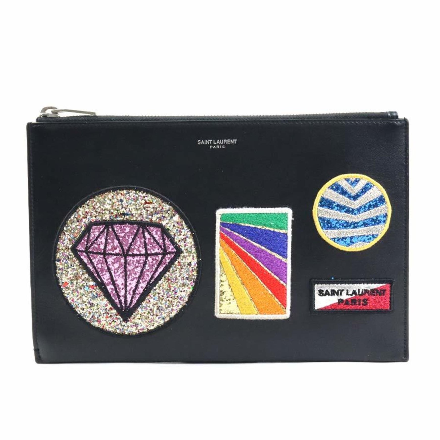 Saint Laurent Clutch Bag Leather Sequins Black Men Women t19593a