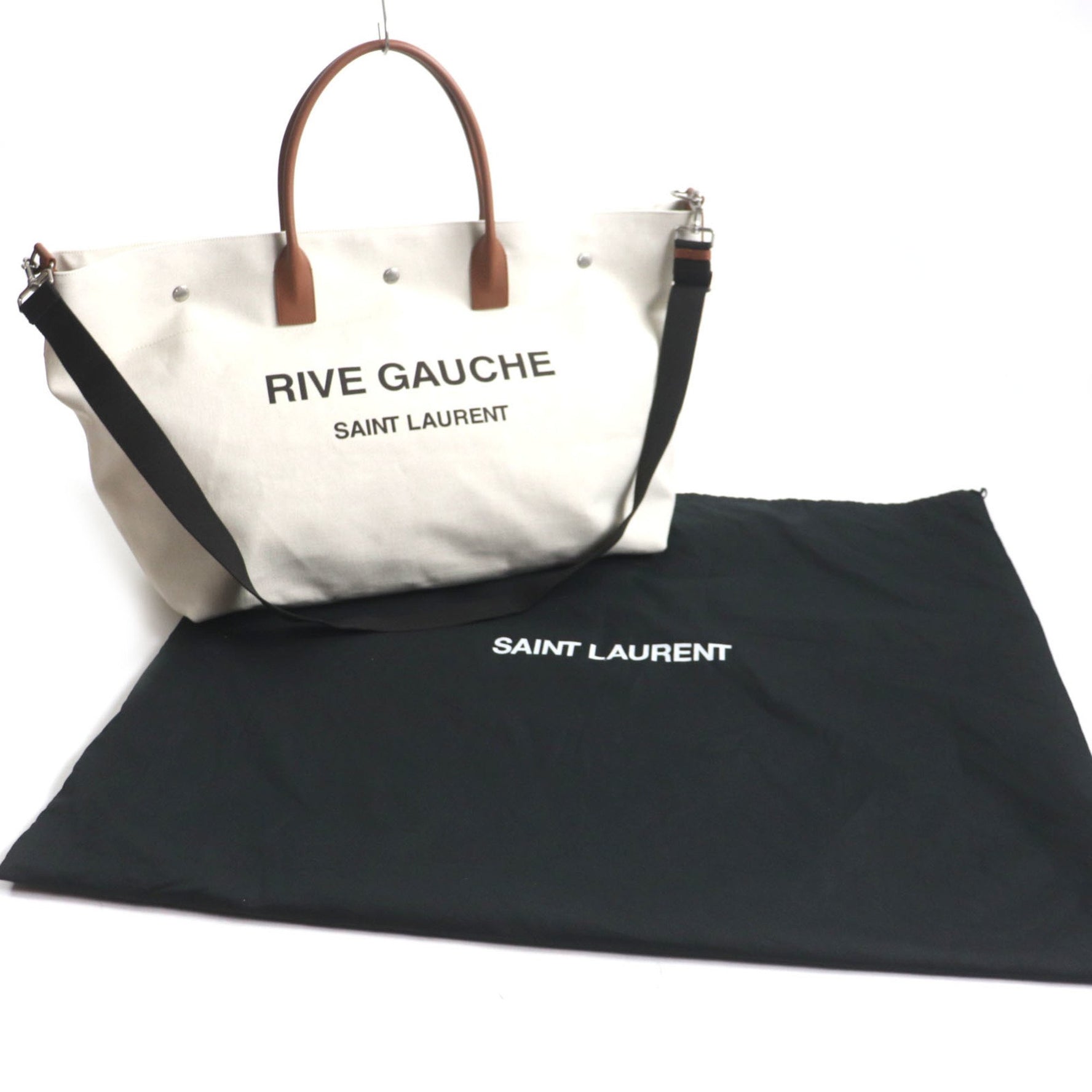 SAINT LAURENT Rive Gauche Maxi Shopping Bag, Canvas and Leather Tote Beige Brown, Includes Dust Made in Italy