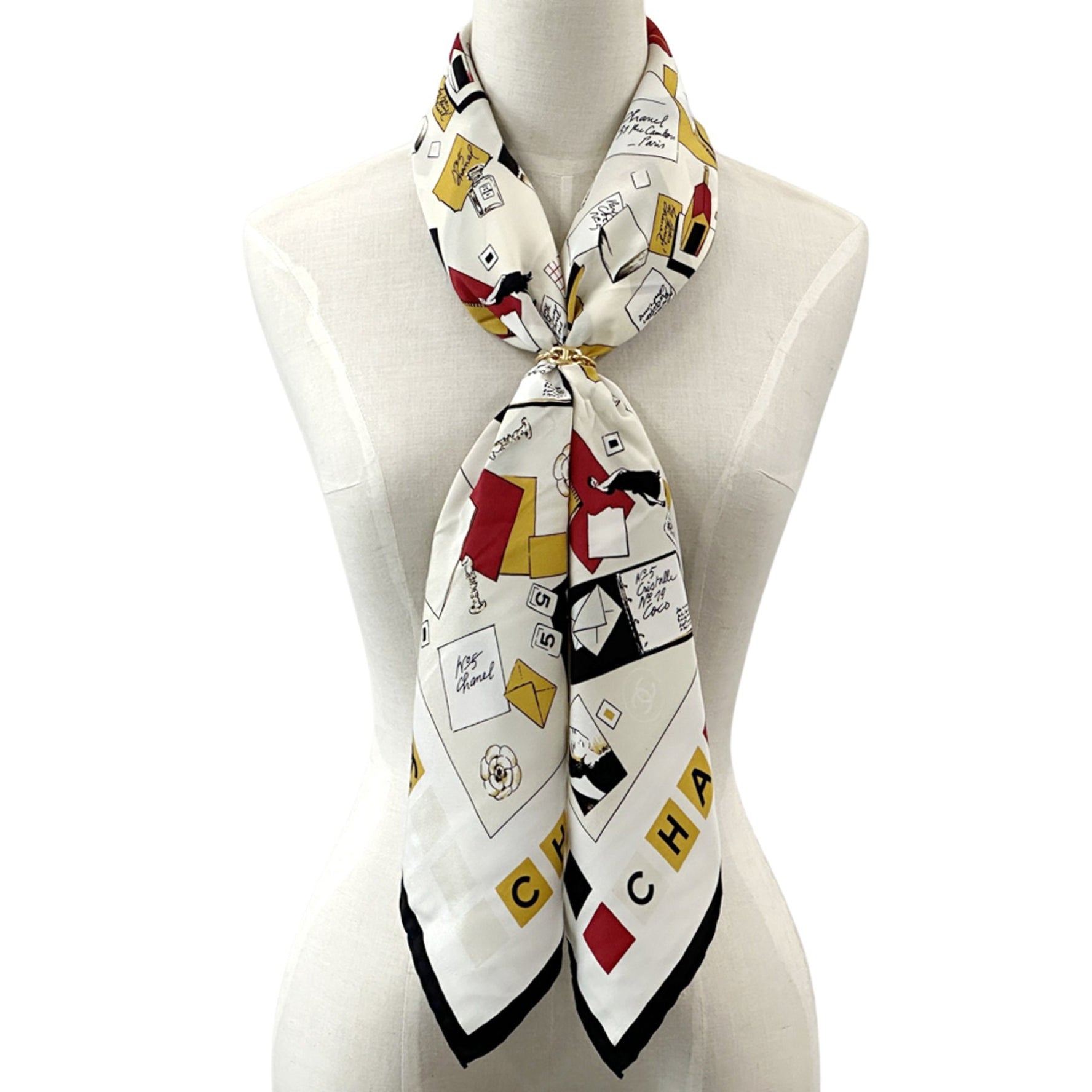 CHANEL Coco Mark No. 5 Camellia Icon Scarf, Silk, White, Black, Multicolor