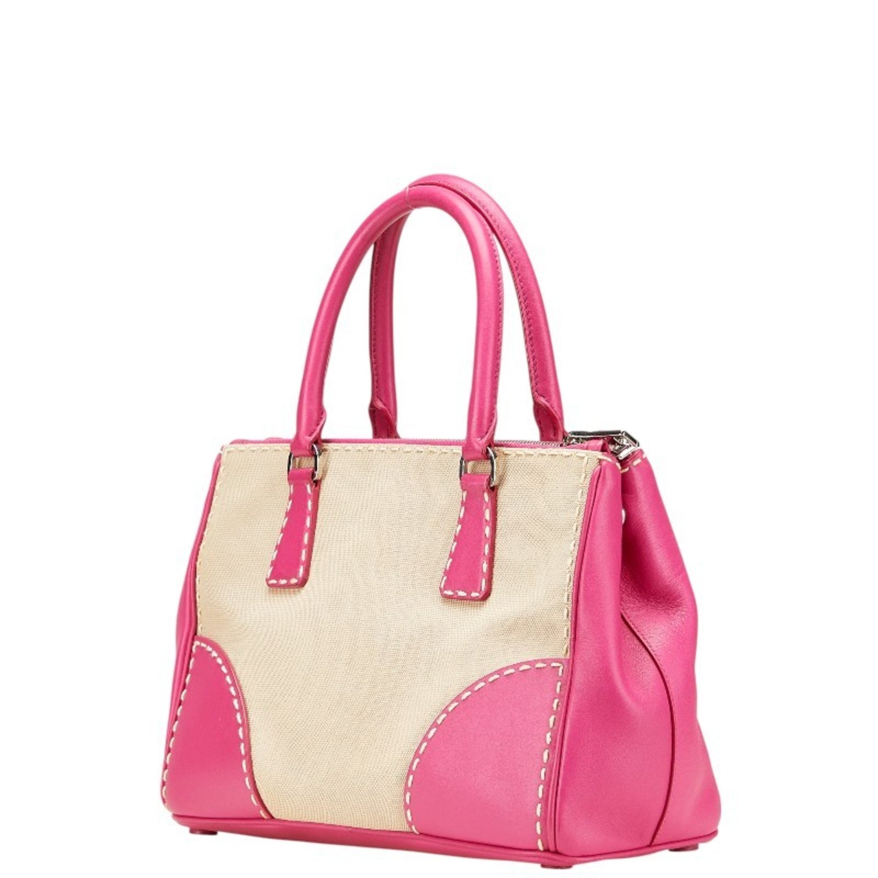 Prada Canapa City Triangle Logo Plate Handbag/Shoulder Bag, 2-Way, B1801K, Pink/Beige Canvas and Leather, Women's, PRADA