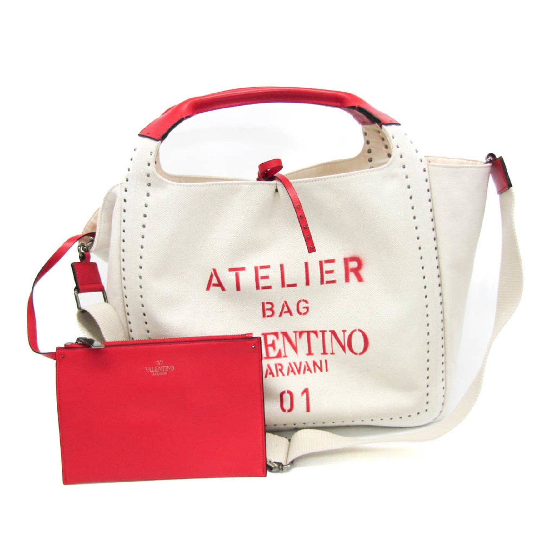 Valentino Garavani Atelier Bag 01 Women,Men Leather,Canvas Shoulder Bag,Tote Bag Red Color,White