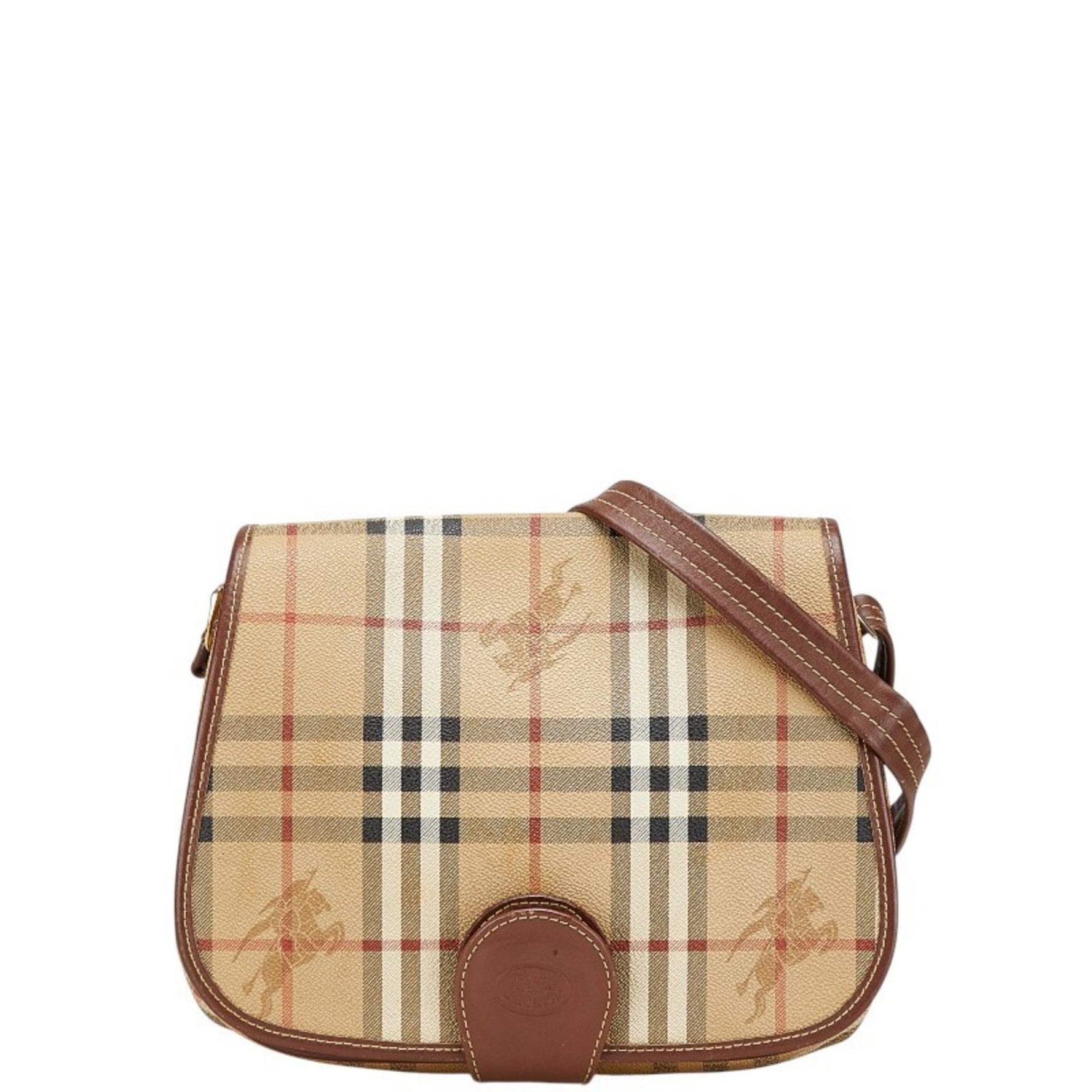 Burberry Nova Check Shadow Horse Crossbody Shoulder Bag in Beige and Multicolored Leather.