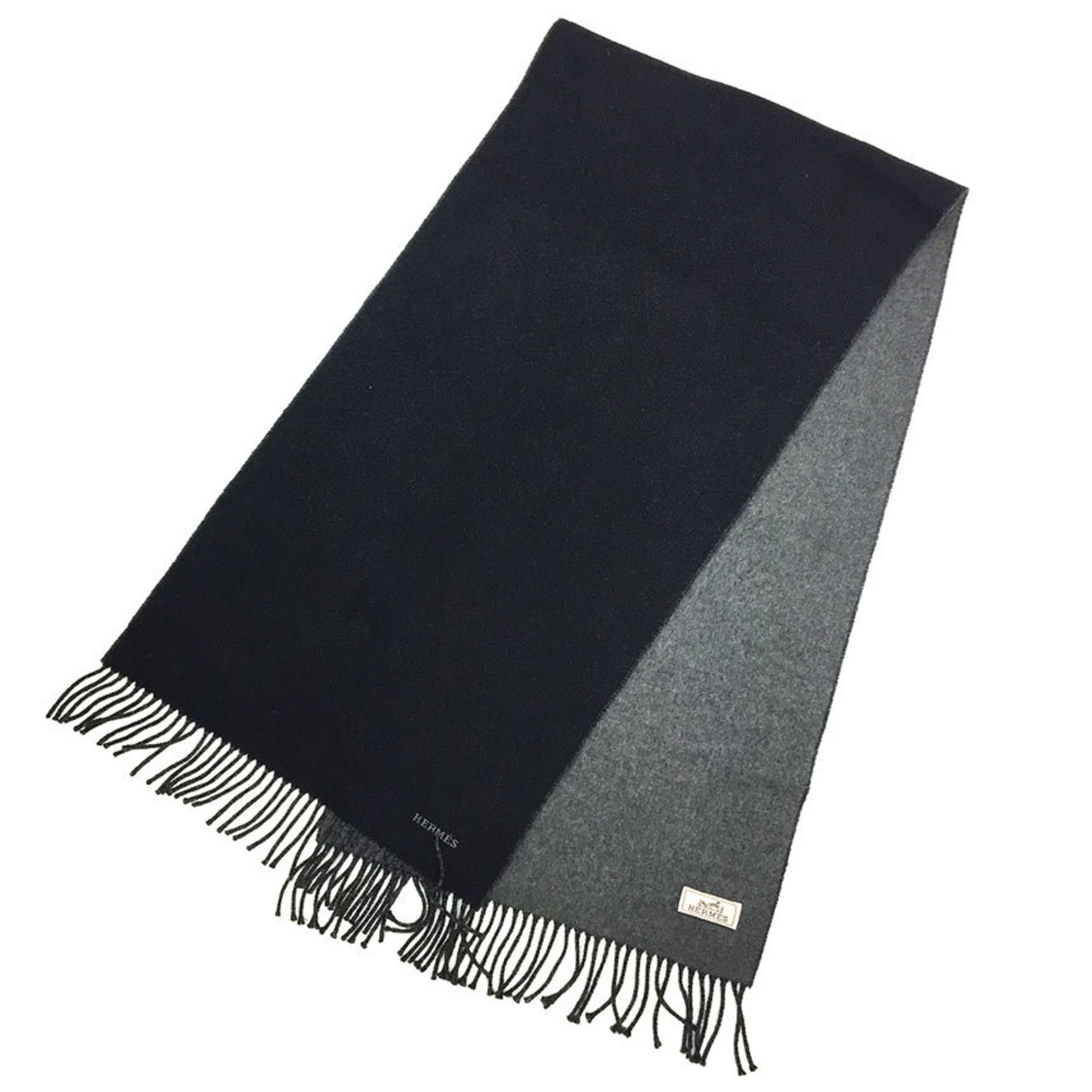 HERMES Cashmere Scarf Stole Shawl Black x Grey Men Women Unisex aq10856