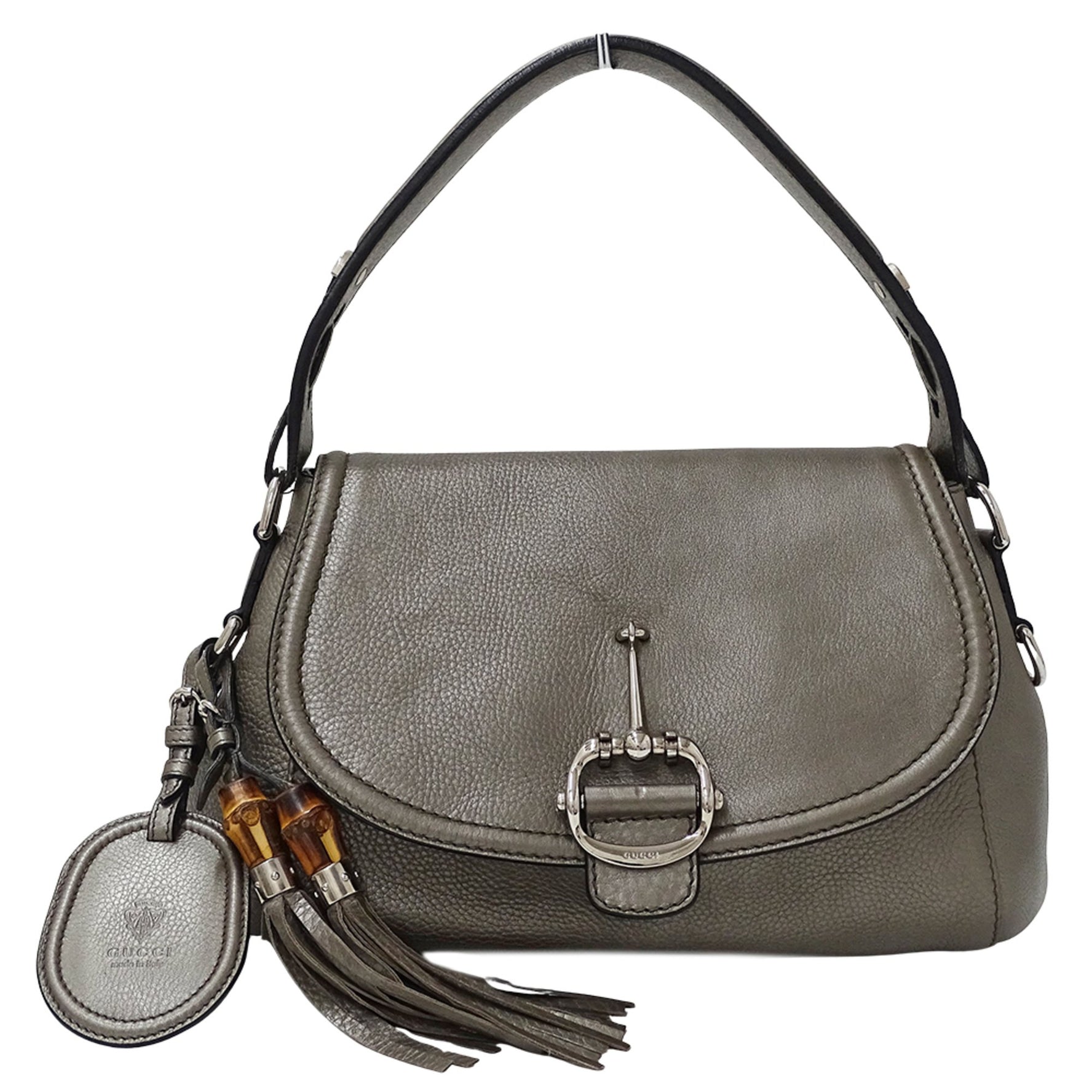 Gucci Horsebit Bamboo Leather Shoulder Bag in Bronze and Metallic Gray