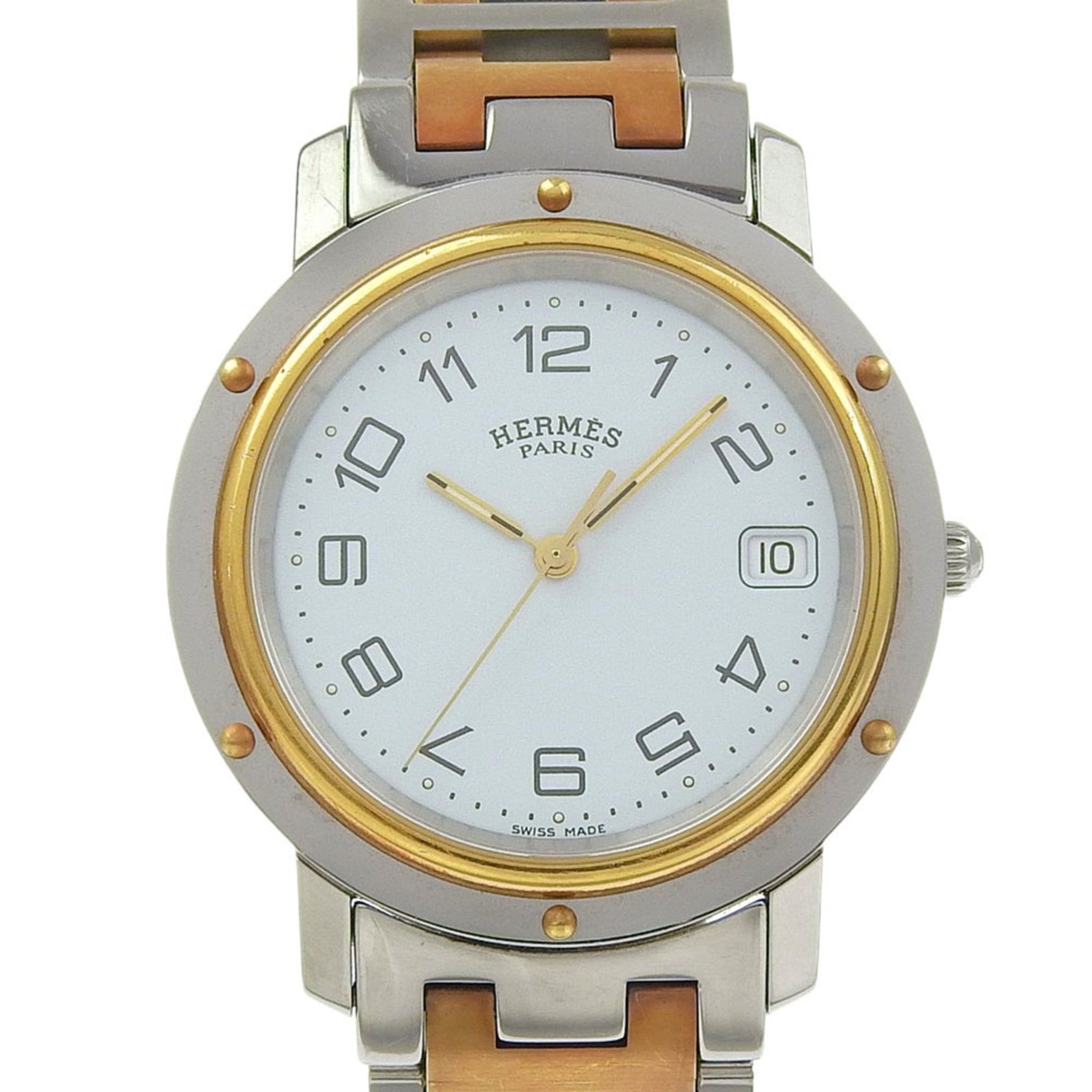Hermès Clipper Combination Watch Stainless Steel with Gold-Plated Quartz Analog Display, White Dial