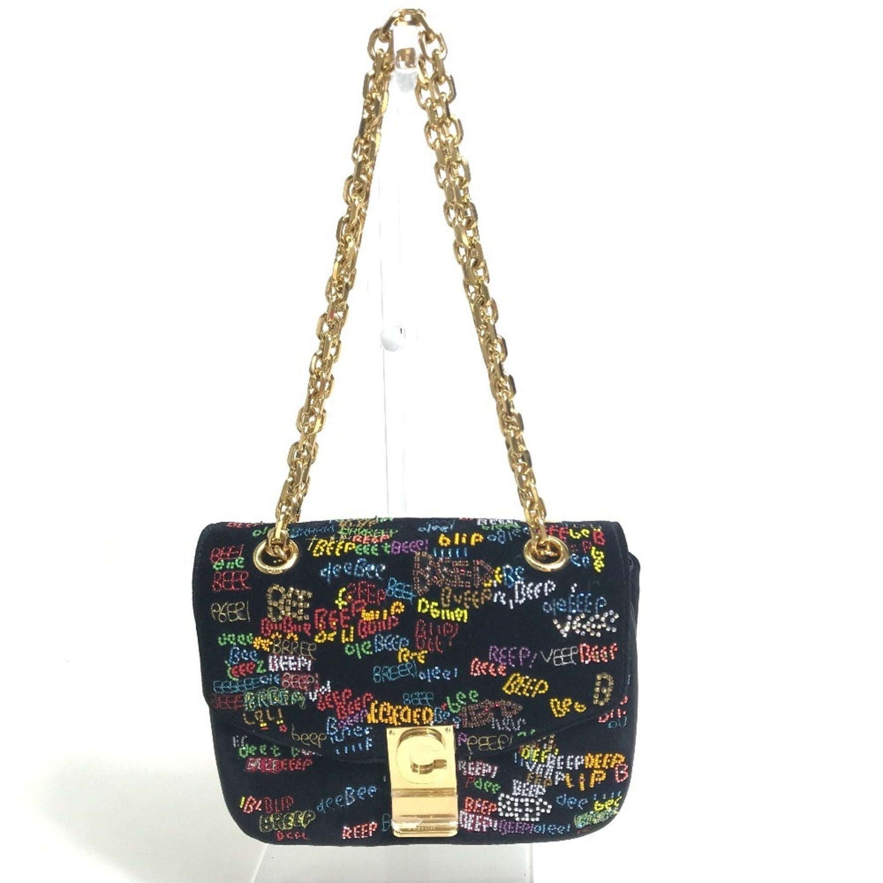CELINE Small C Multi-Bead Chain Shoulder Bag in Suede, Black and Multicolor