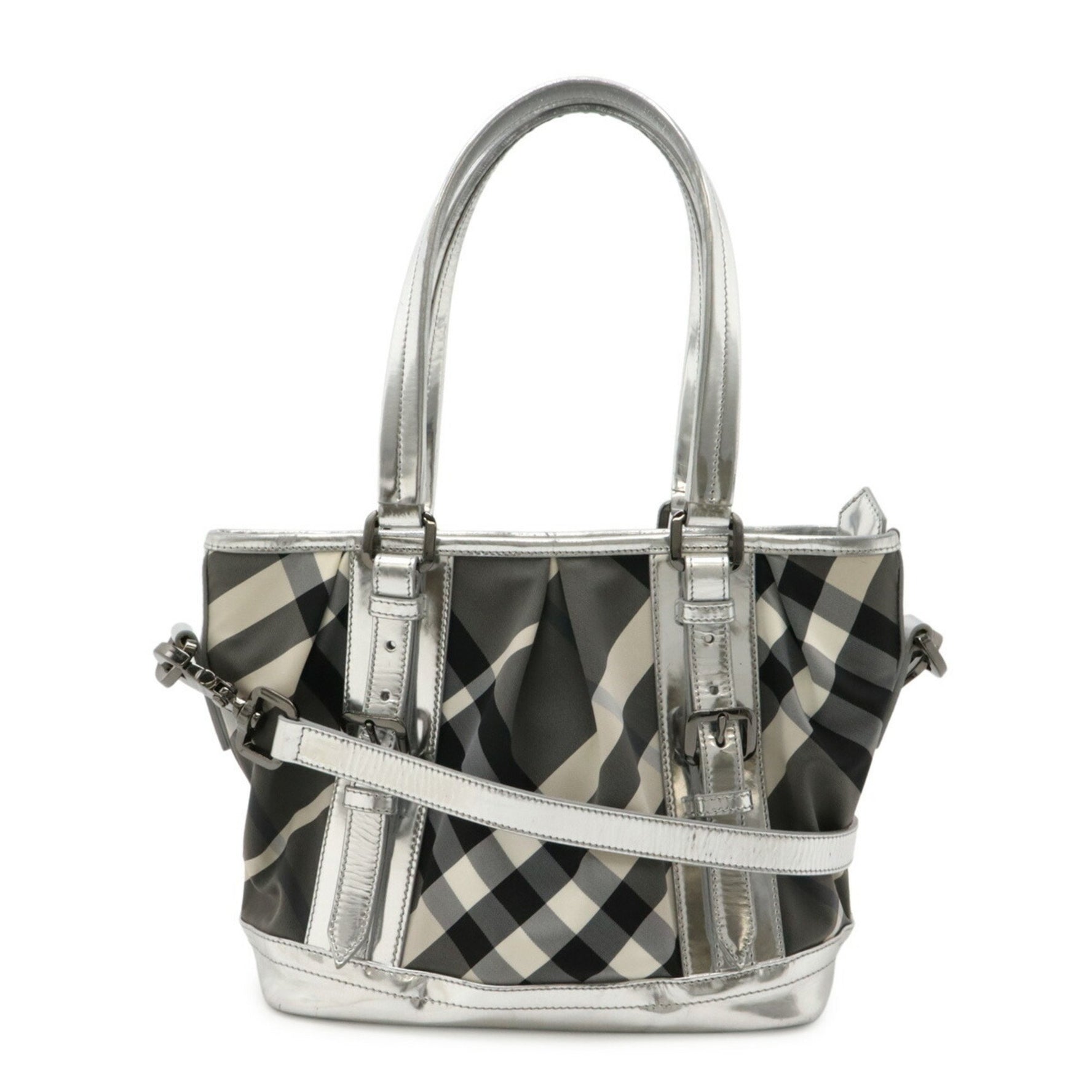 BURBERRY Beat Check Pattern Tote Bag Shoulder Nylon Patent Leather Gray Black Silver