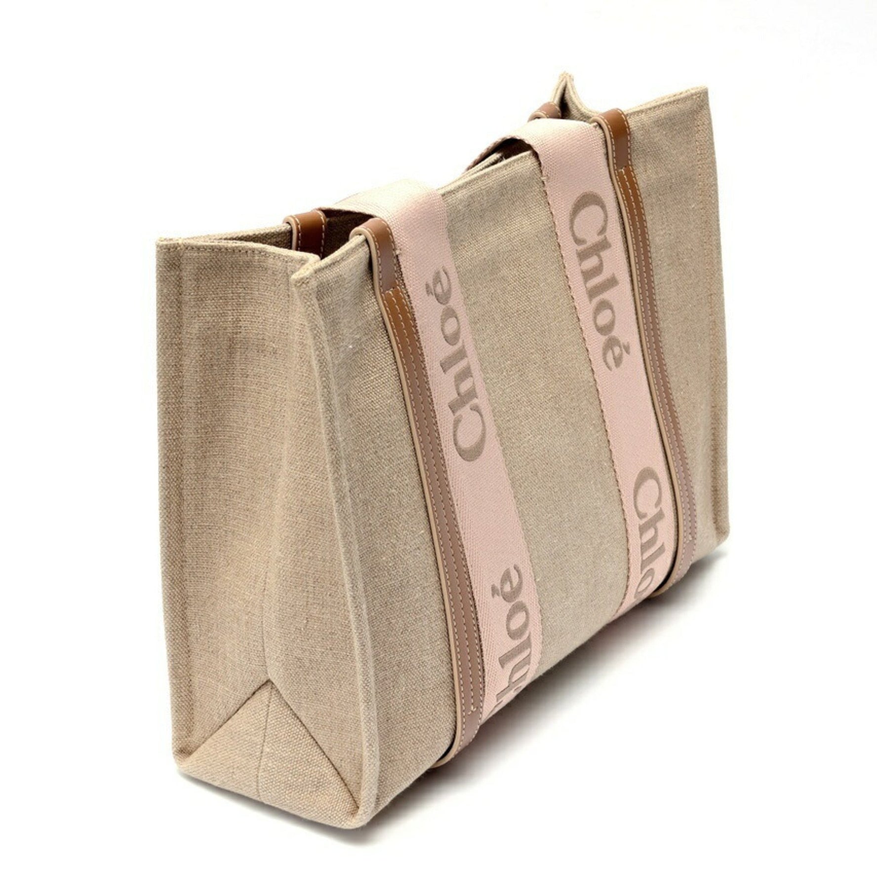 Chloé Chloe Woody Medium Tote Bag Linen Canvas/Shiny Calfskin Brassie