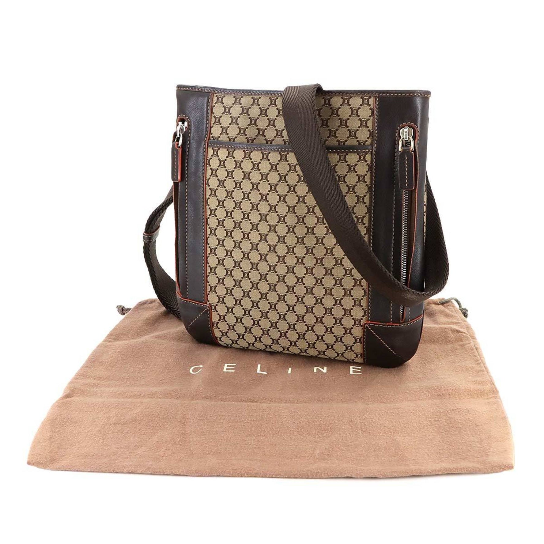 Celine Macadam Shoulder Bag in canvas and leather with beige, brown, silver hardware.