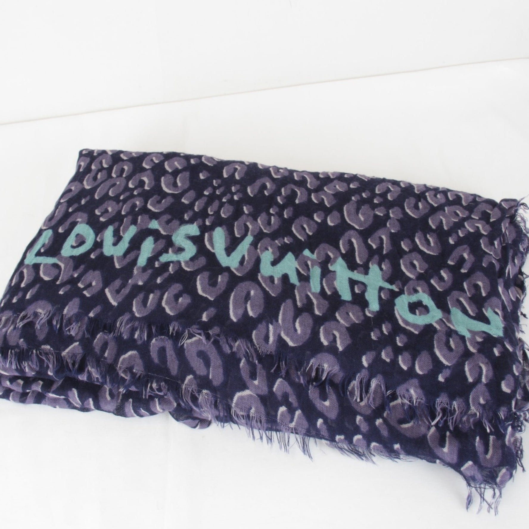 LOUIS VUITTON Etoile Leopard Print Scarf, Large Cashmere/Silk Stole, Navy Blue