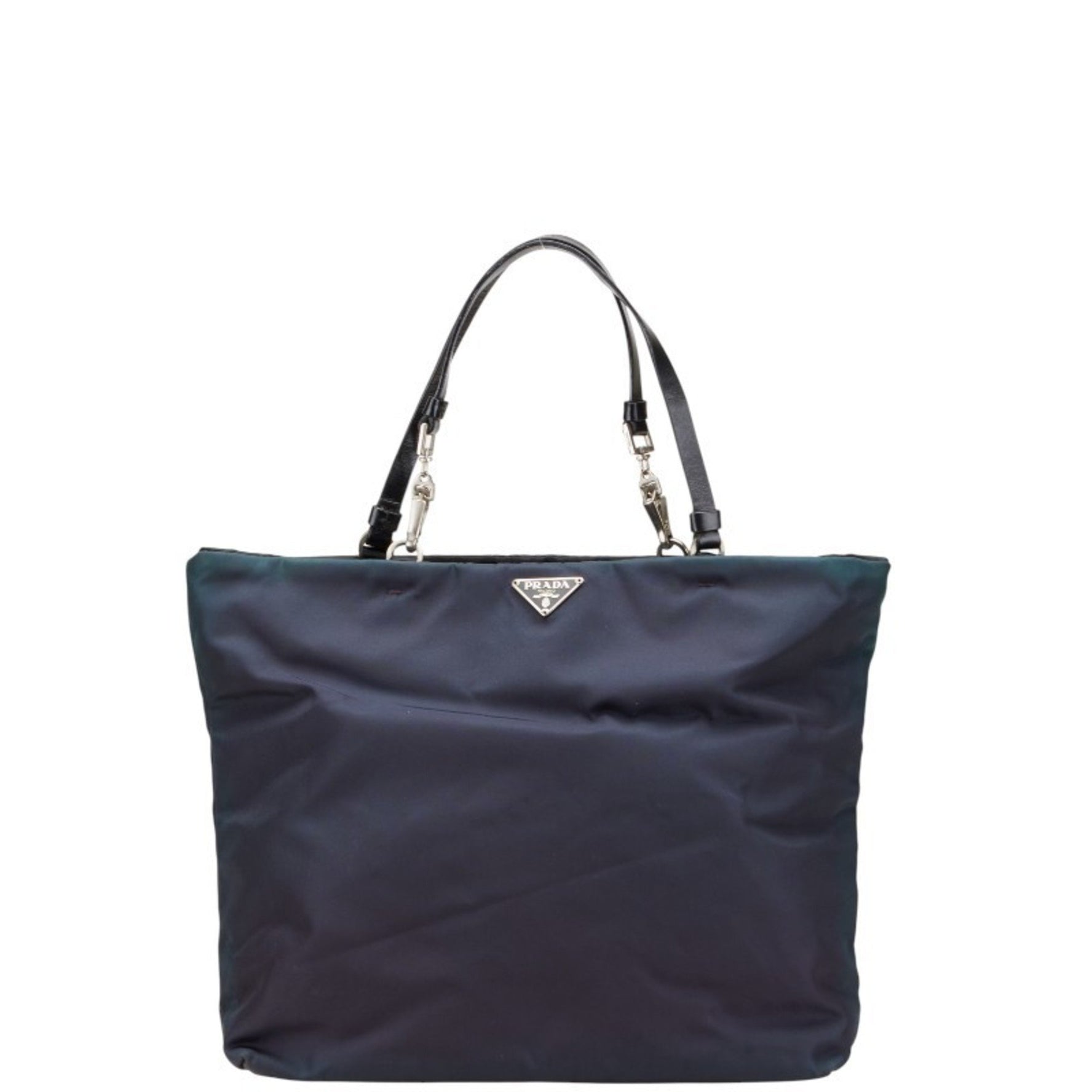 Prada Triangle Logo Plate Tote Bag Handbag Navy Black Nylon Leather