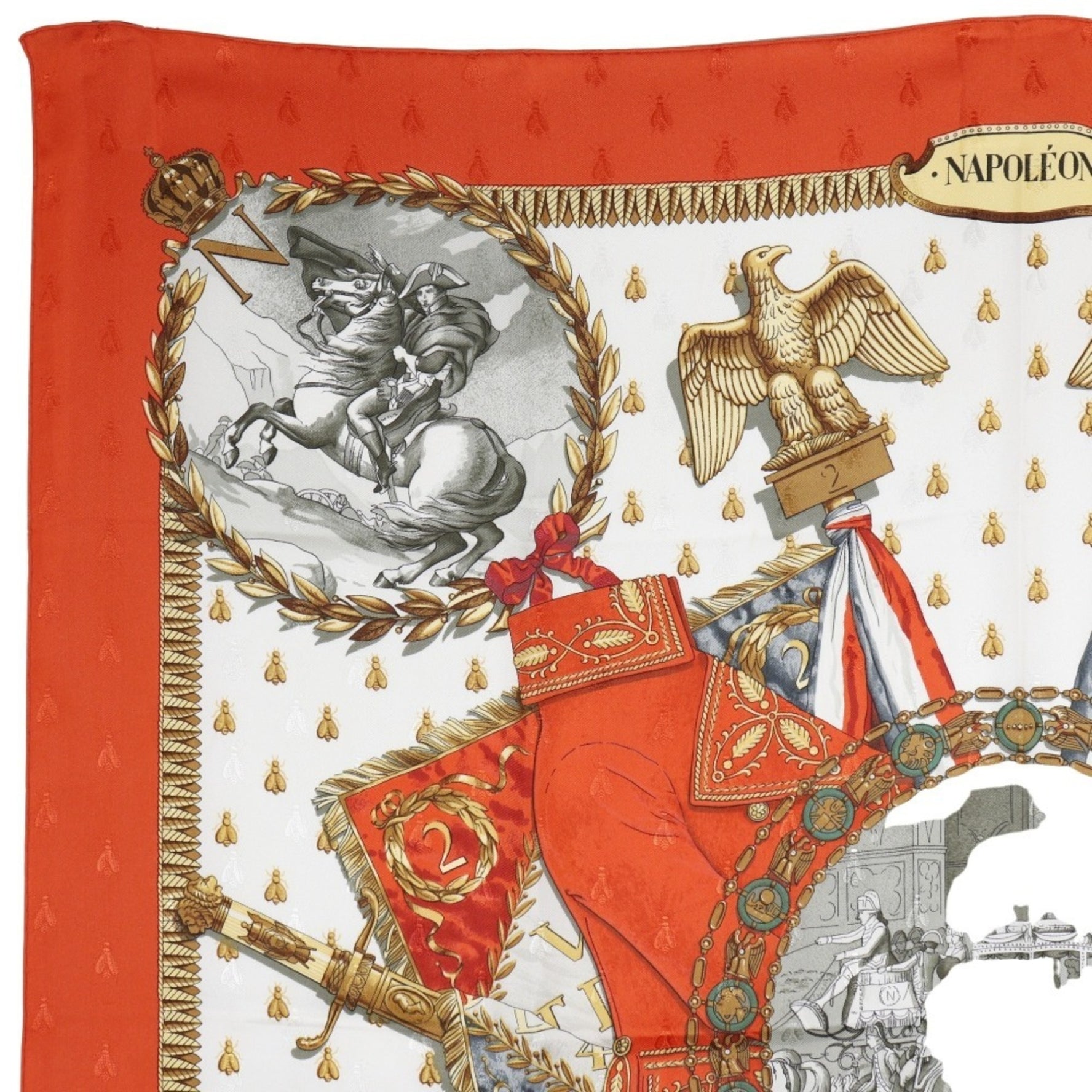 Hermes Carree90 Scarf Muffler NAPOLEON Silk White/Orange Women's