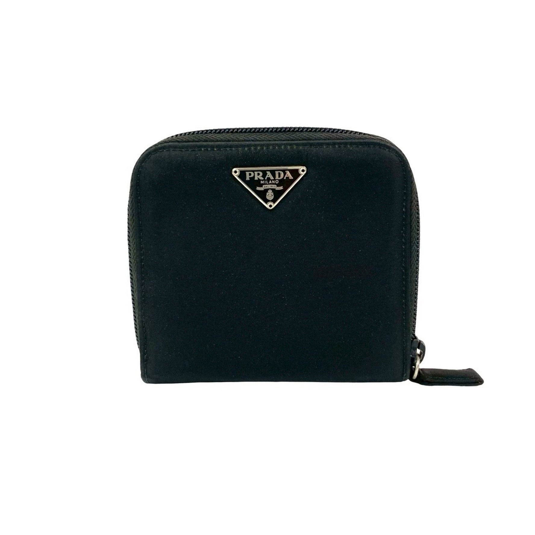 PRADA Triangle Logo Hardware Nylon Saffiano Leather Round Zip Bi-fold Wallet Mini