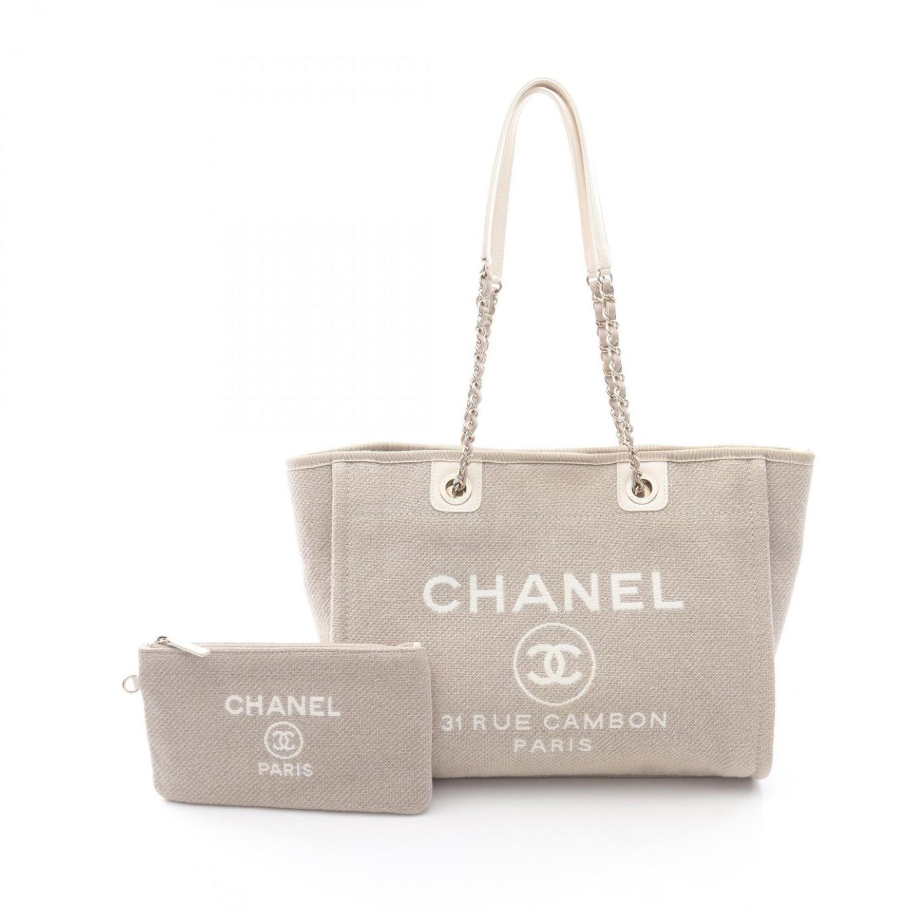 CHANEL Deauville Tote Bag, Canvas and Leather, Beige White