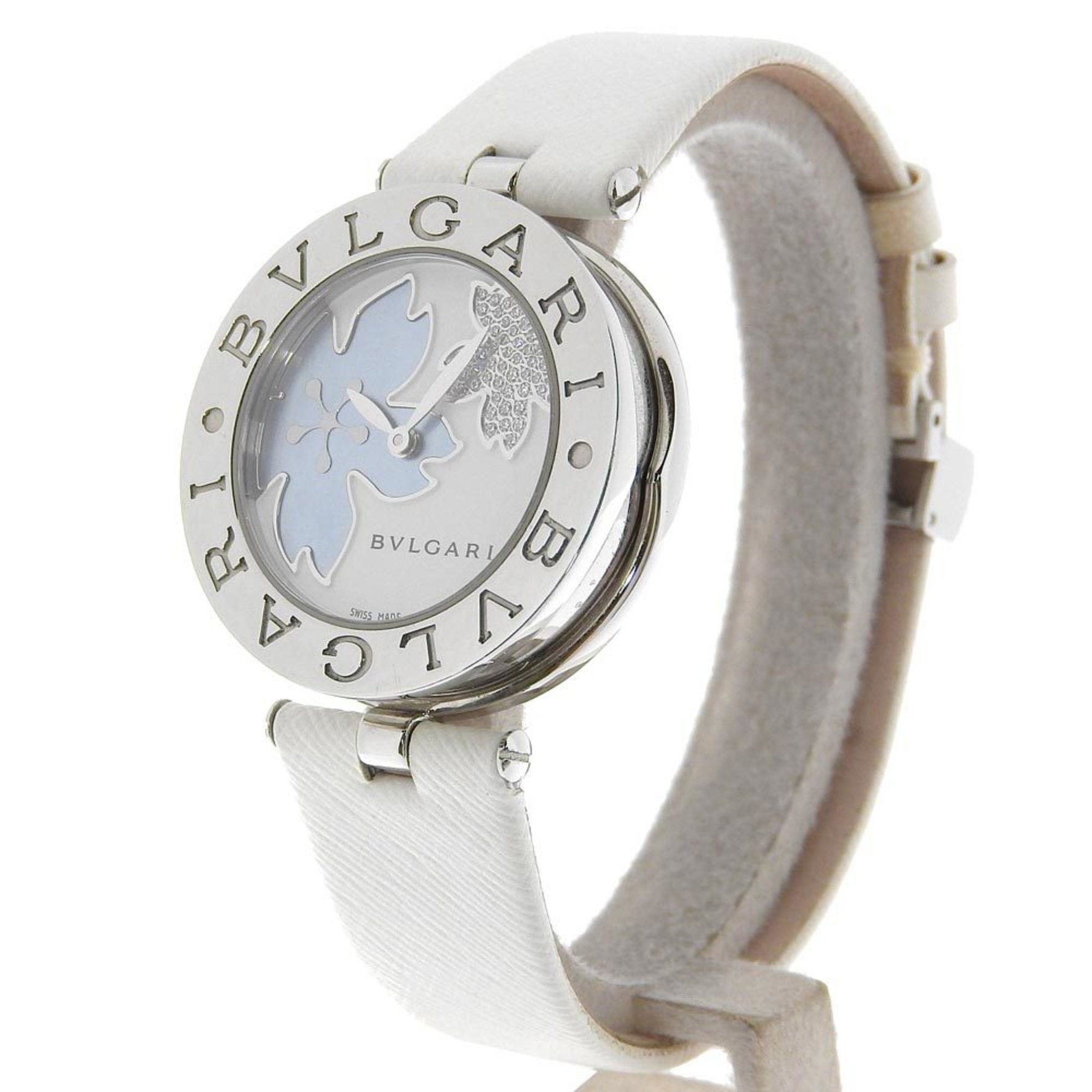 BVLGARI B-zero1 Watch BZ30FDSL Stainless Steel x Leather Flower Quartz Analog Display White Shell Dial Women's