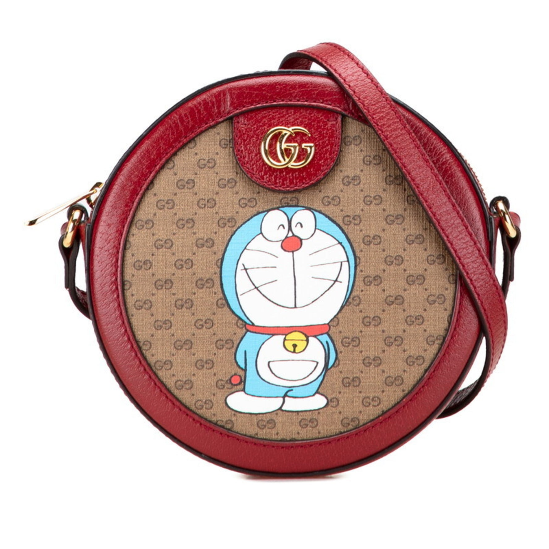 Gucci x Doraemon Mini GG Supreme Shoulder Bag Brown and Red Leather