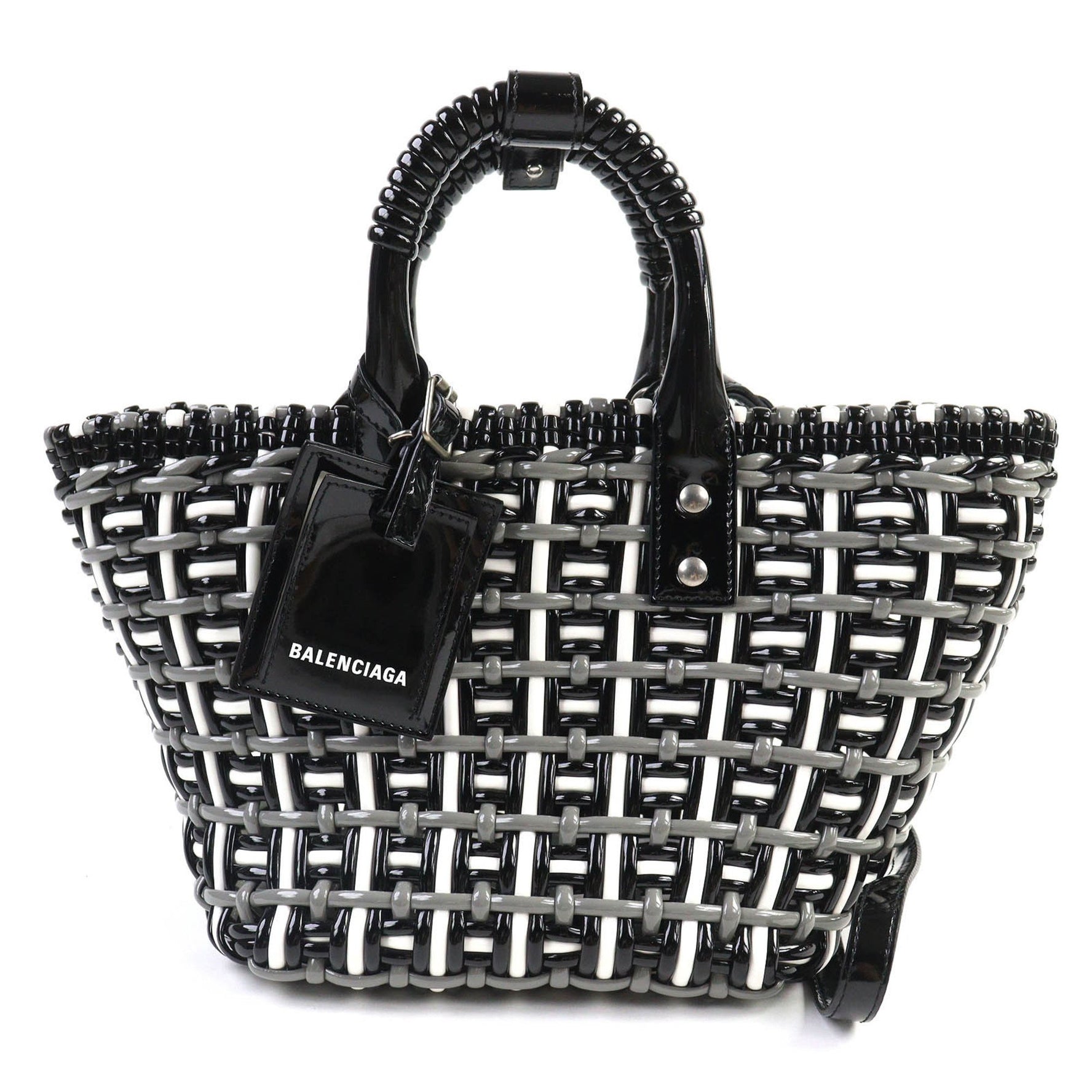 BALENCIAGA Bistro Basket Bag, XS, Enamel, Handbag/Shoulder Black, Gray, White, Includes Dust Made in Italy