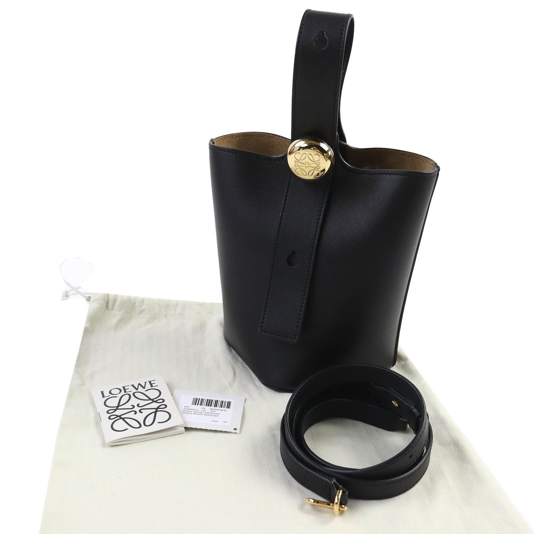 LOEWE Pebble Mini Bucket Bag in Smooth Calf with Anagram Hardware, Handbag/Shoulder Bag, Gold Includes Dust Made Spain