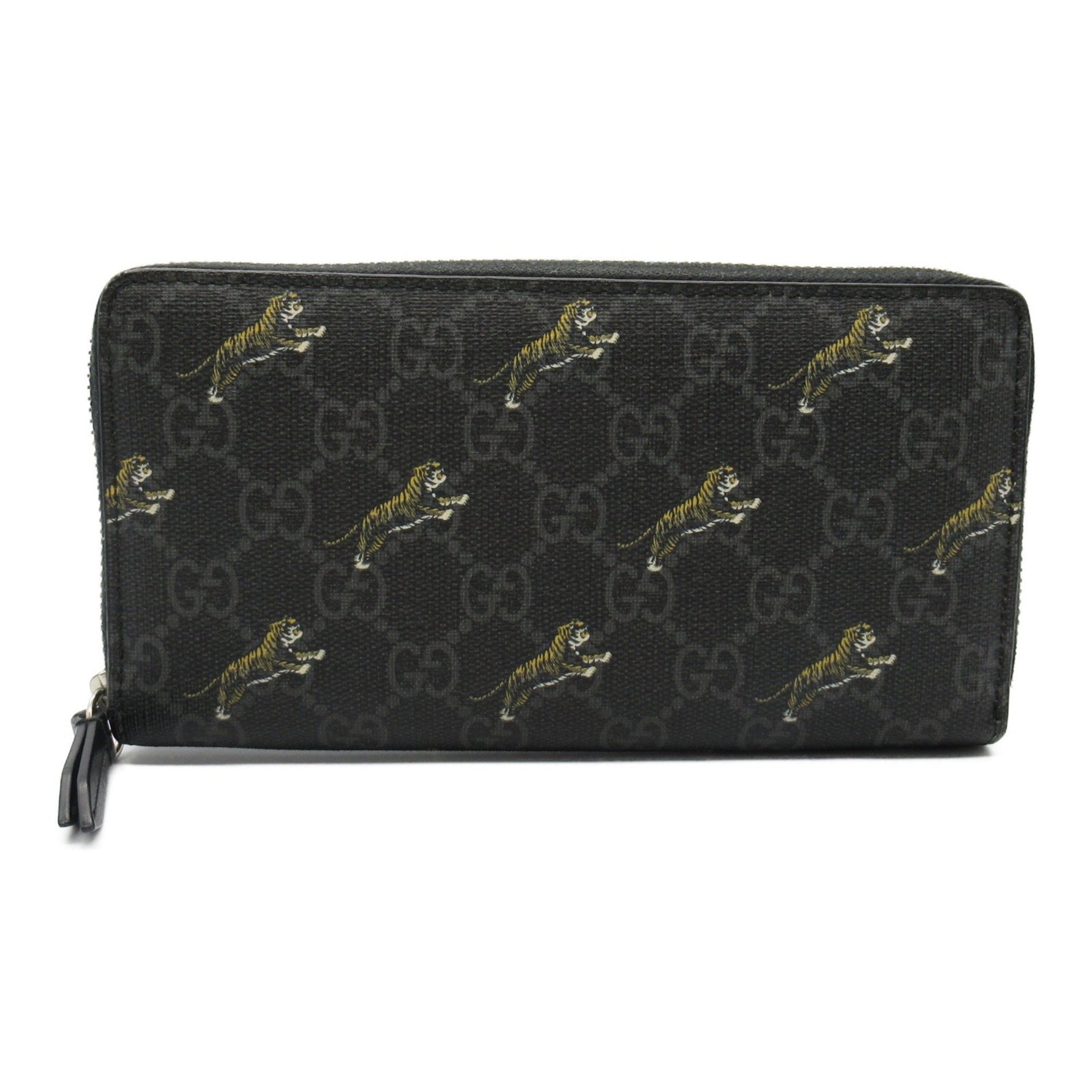 GUCCI Round Long Wallet GG Supreme Tiger Leather Men's Black