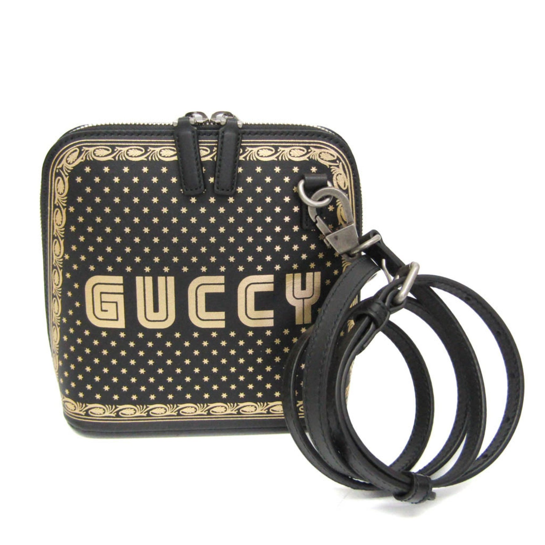 Gucci GUCCY Print Leather Shoulder Bag Black,Gold
