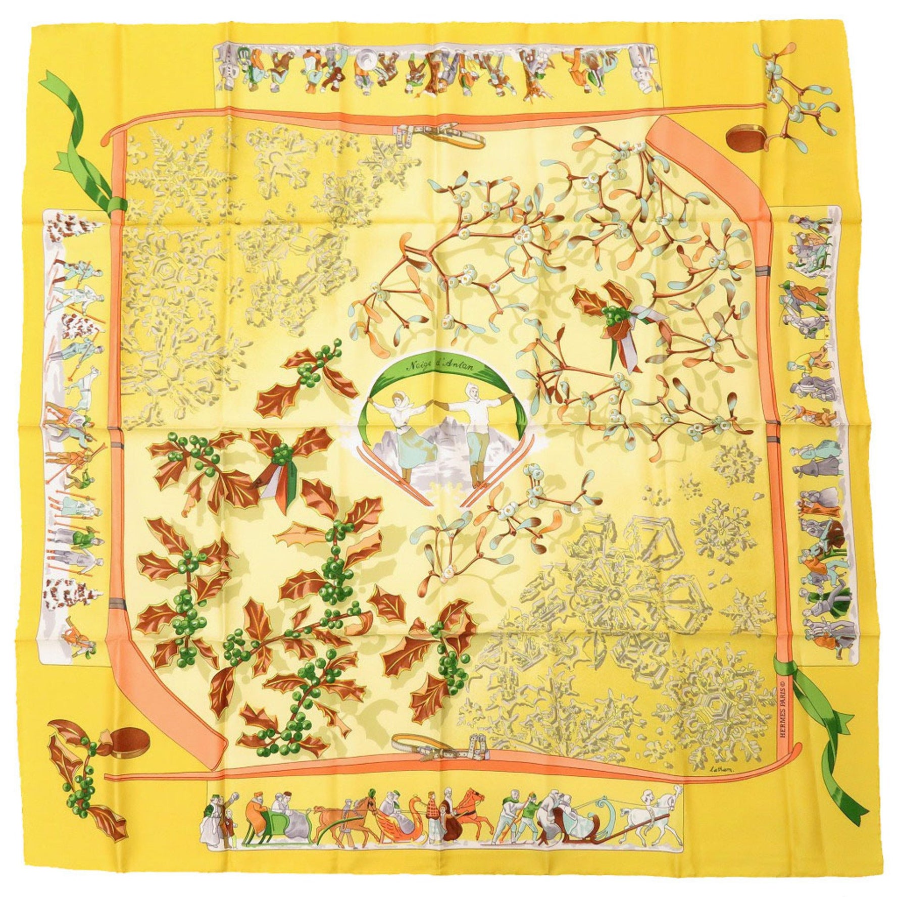 Hermes Carre 90 Neige d'Antan Last Year's Snow Silk Yellow Scarf Muffler 1624HERMES