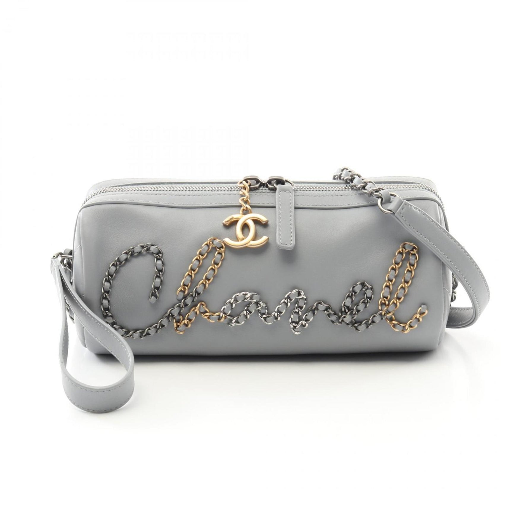 CHANEL Shoulder Bag Leather Grey
