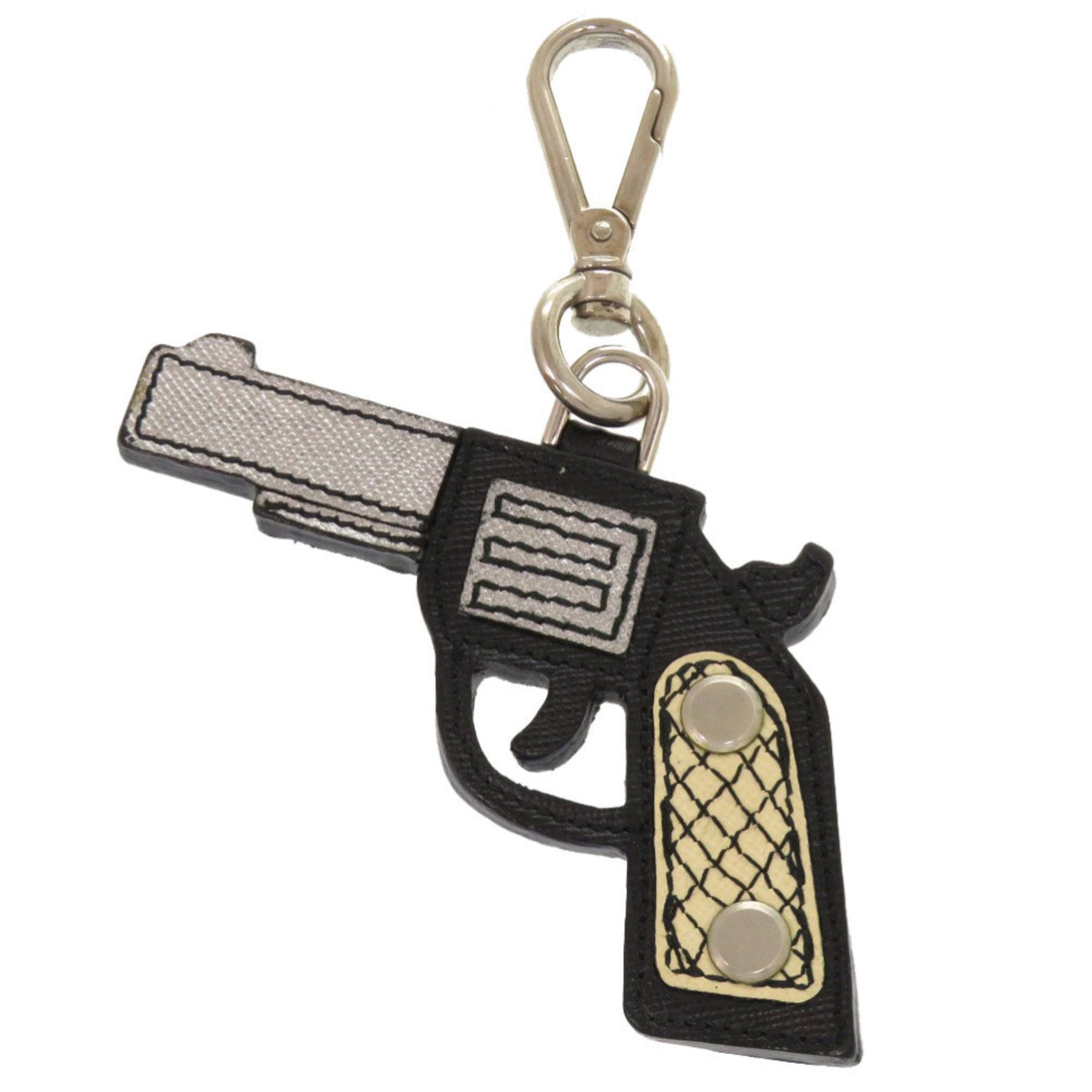 Prada Pistol Motif Saffiano Leather and Silver Bag Charm Keychain 1090