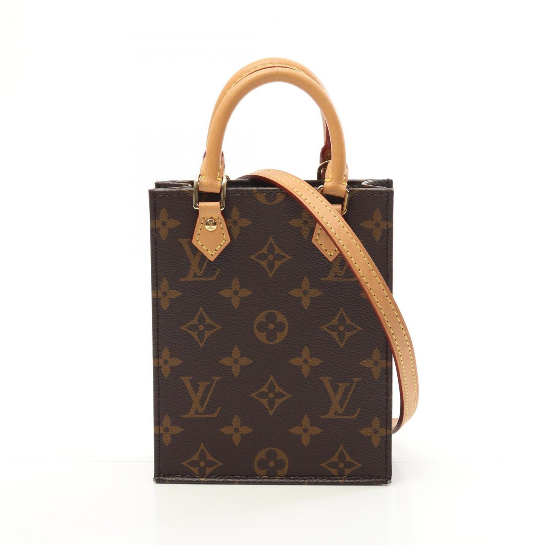 Louis Vuitton Petite Sac Plat Handbag Coated Canvas Leather Monogram Brown