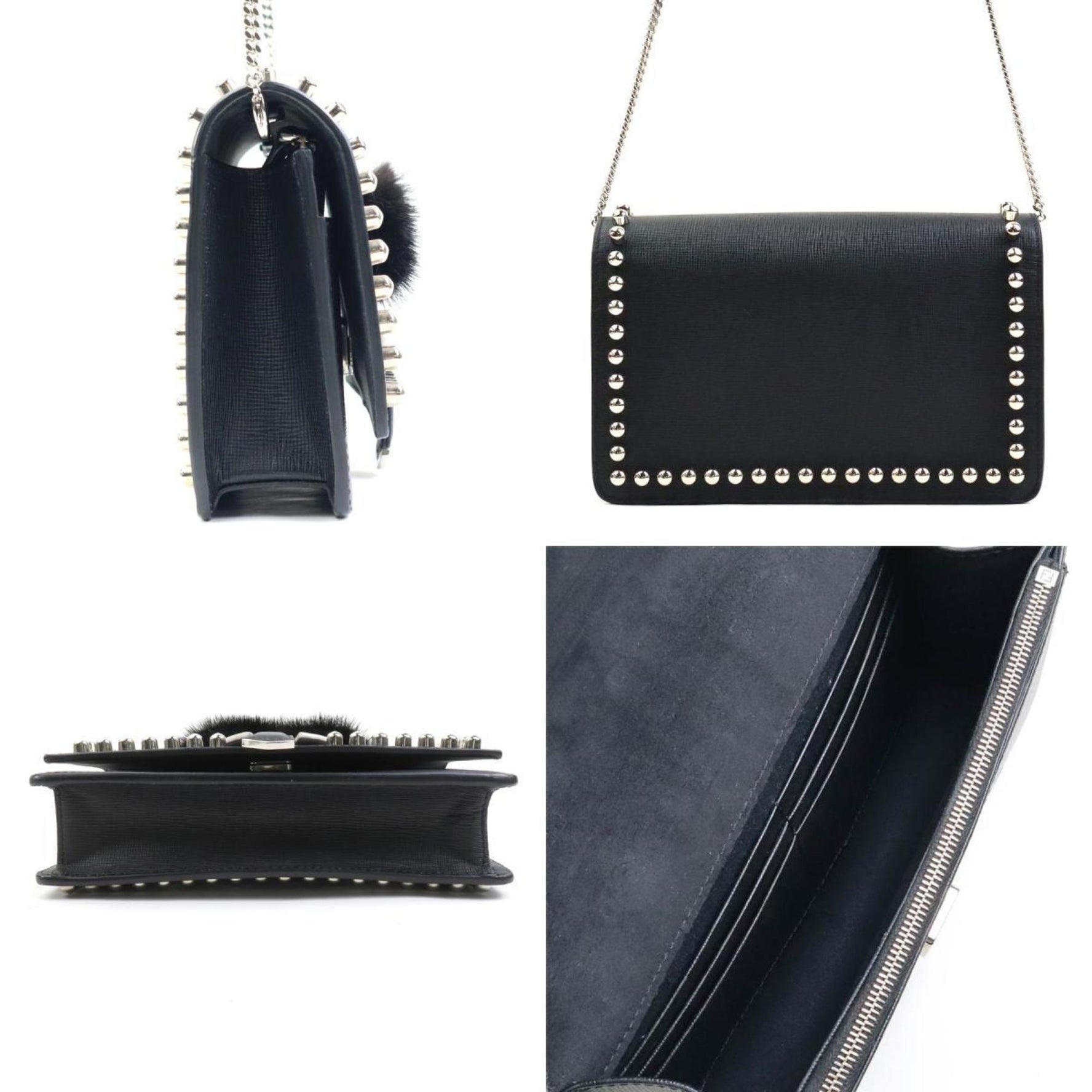 FENDI Wallet Chain Shoulder Bag Karl Lagerfeld Leather Fur Black White Silver