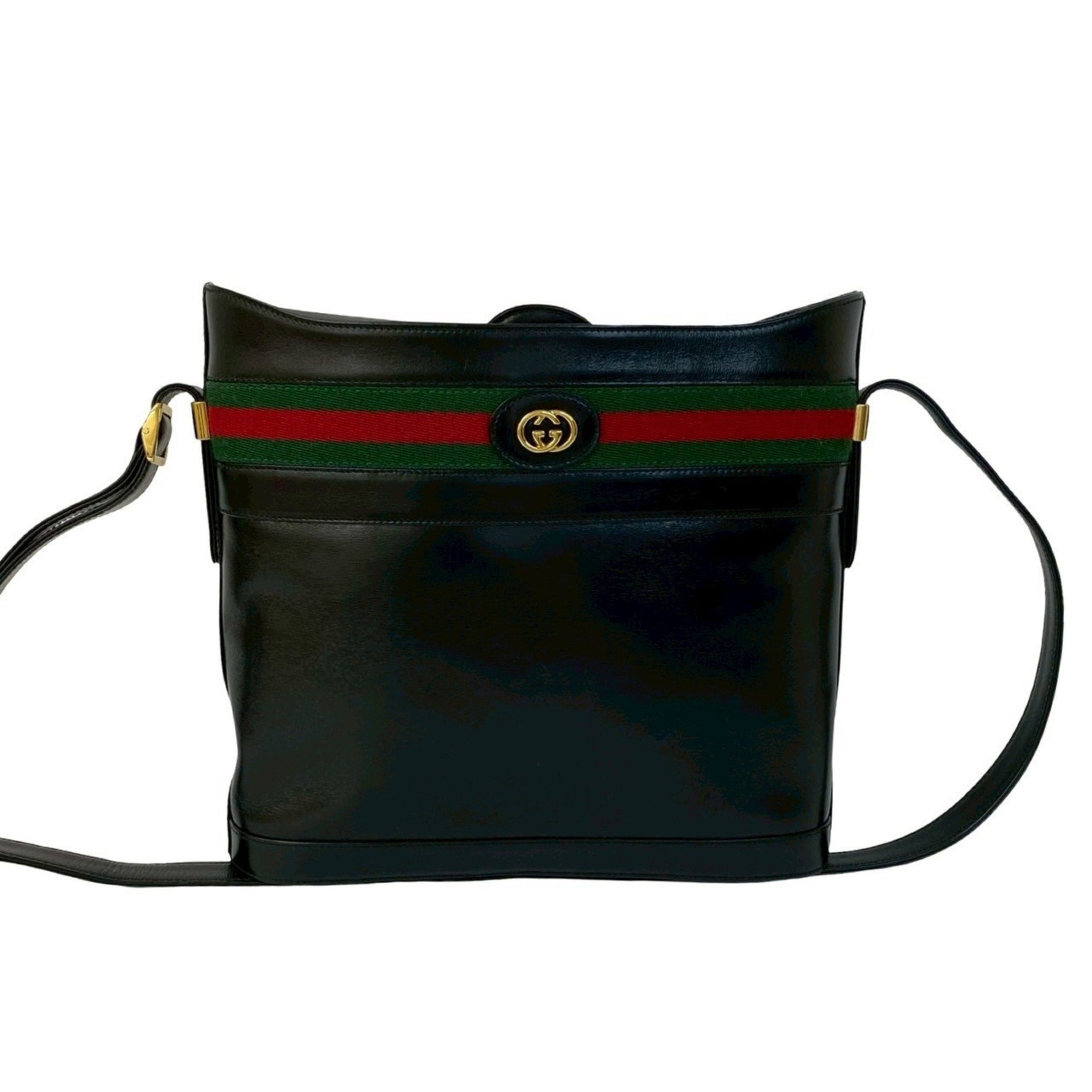 GUCCI Old Vintage Sherry Line GG Logo Hardware Leather Shoulder Bag Black 813-5
