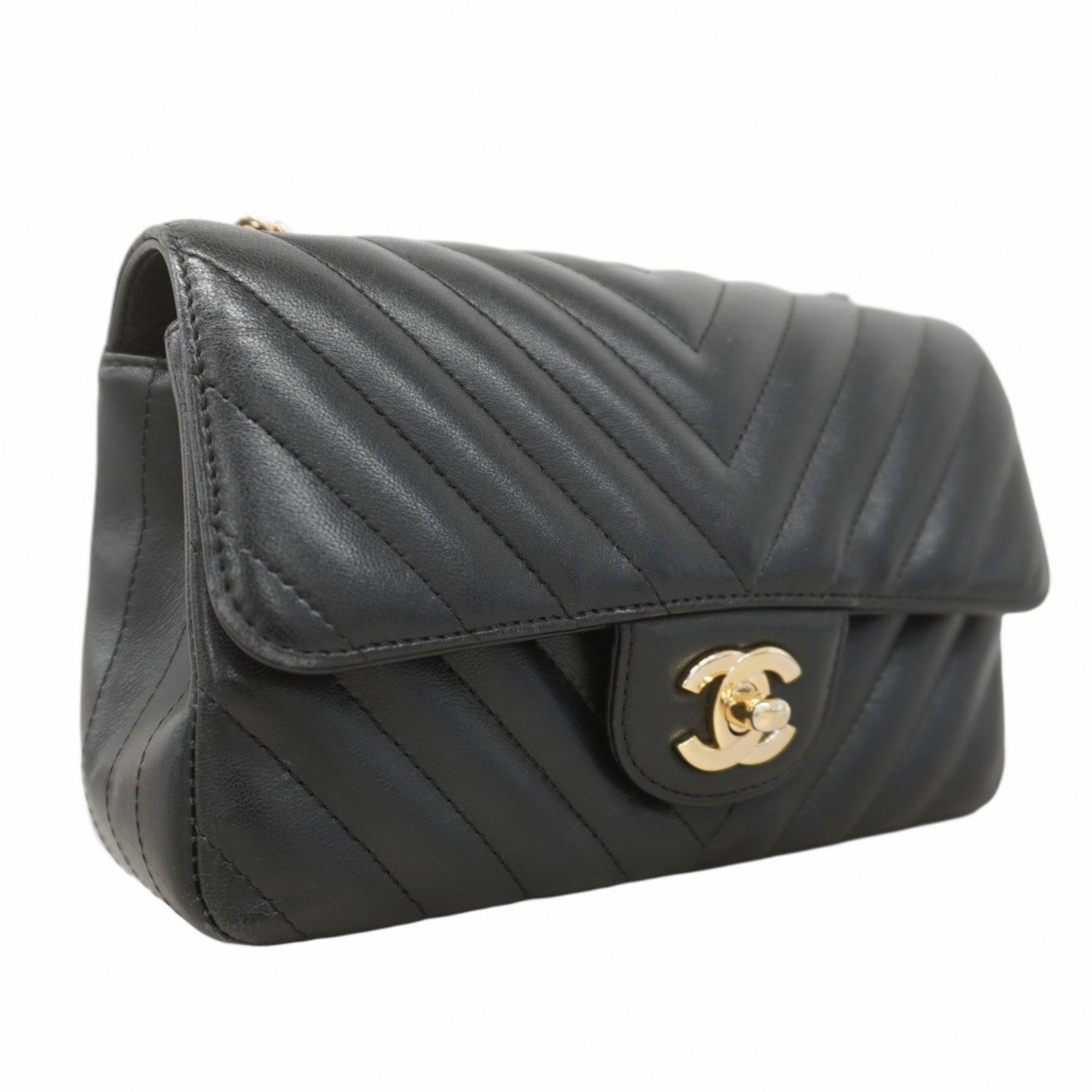 Chanel Shoulder Bag, V-Stitch Chain Lambskin, Black, Champagne