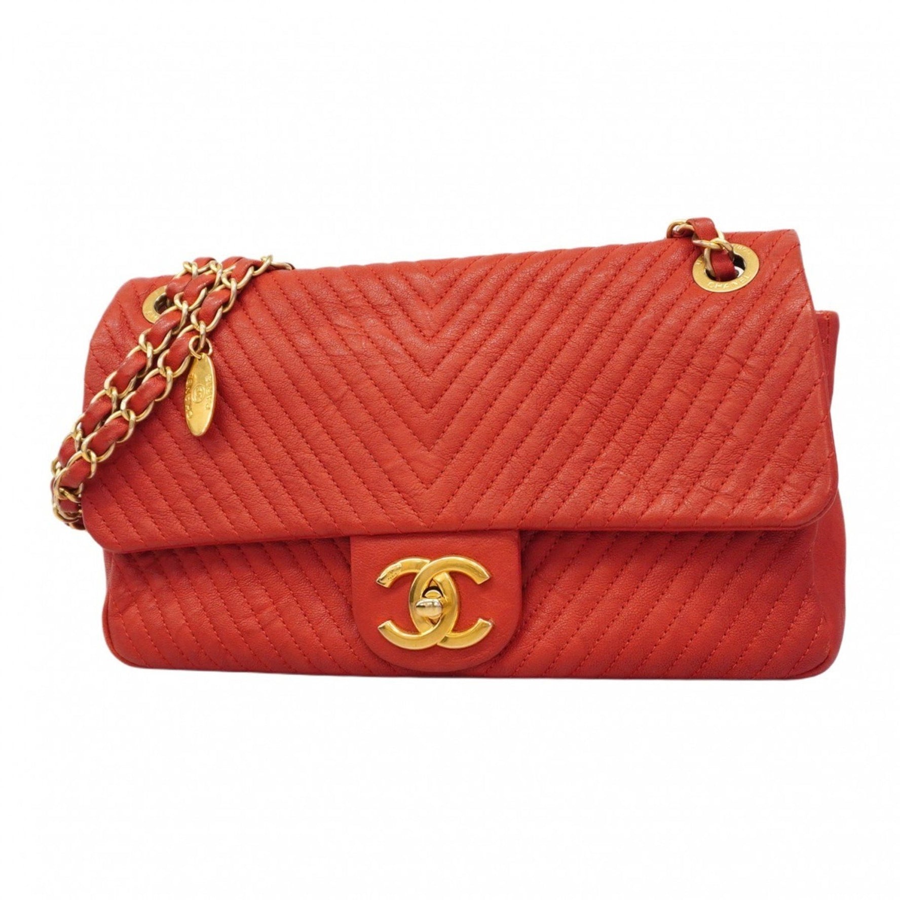 Chanel Shoulder Bag, V-Stitch Chain Leather, Red