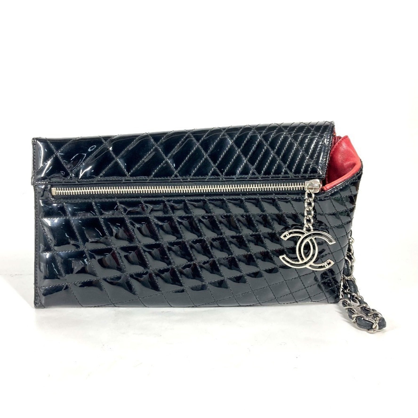 CHANEL Chain Strap CC Coco Mark Logo Quilted Bag Pouch Clutch Patent Leather